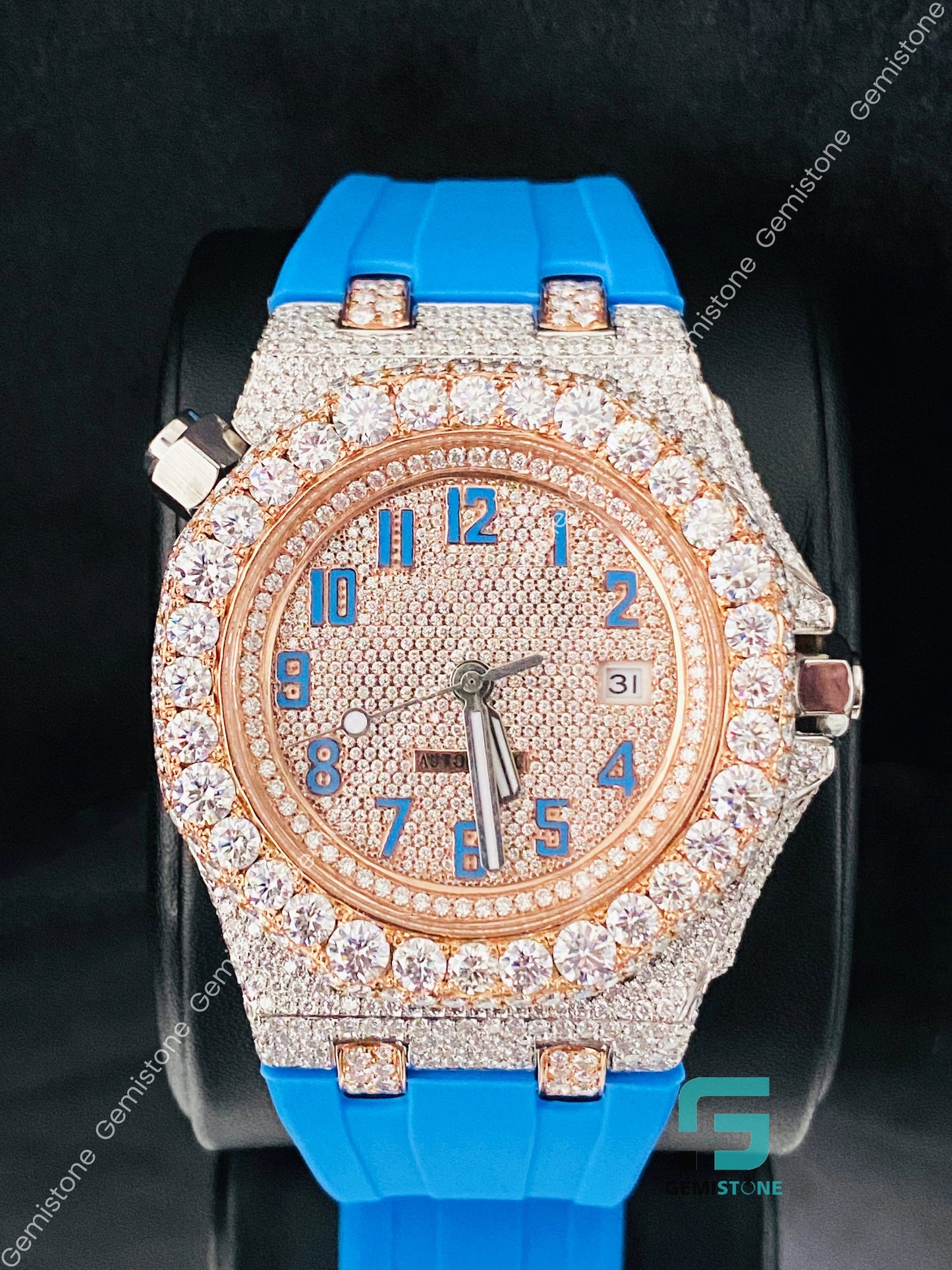 Fully Studded Moissanite Sky Blue Number Watch