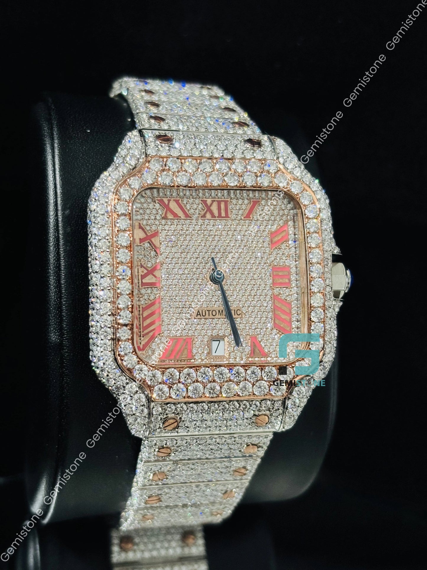 Fully Studded Moissanite VVS Pink Roman Number Watch
