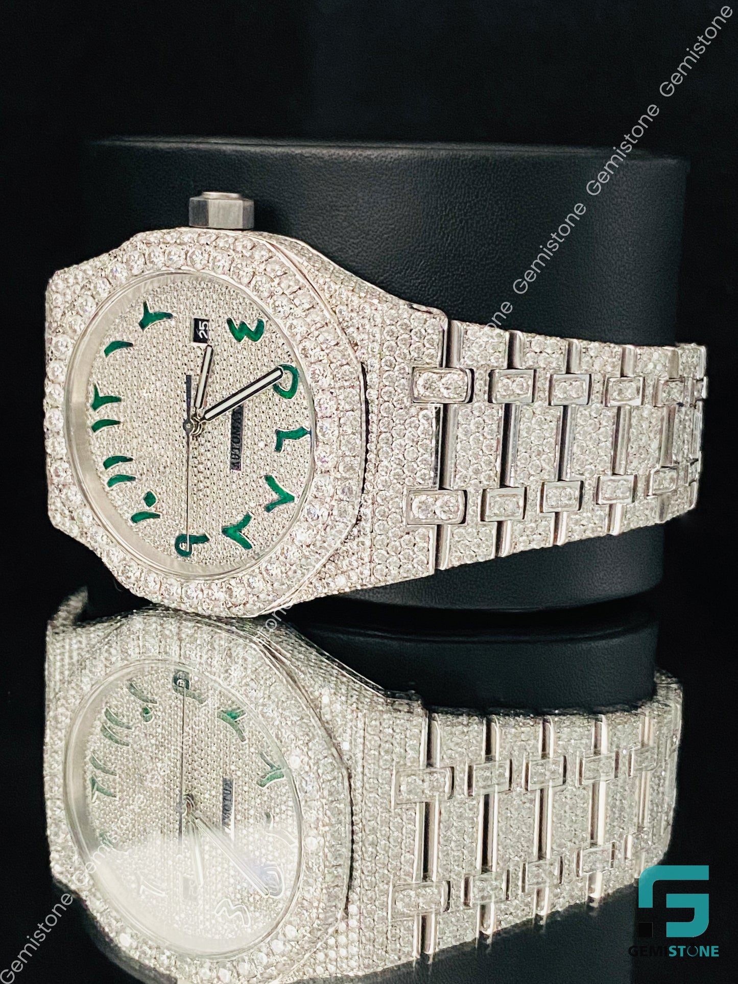 Fully Studded moissanite Green Arabic Number Moissanite Watch