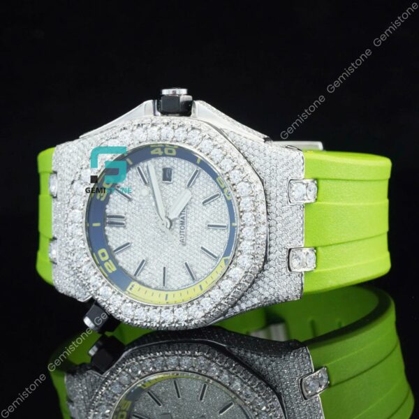 Parrot Green Silicon Straps Moissanite Bust Down Diamond Watch