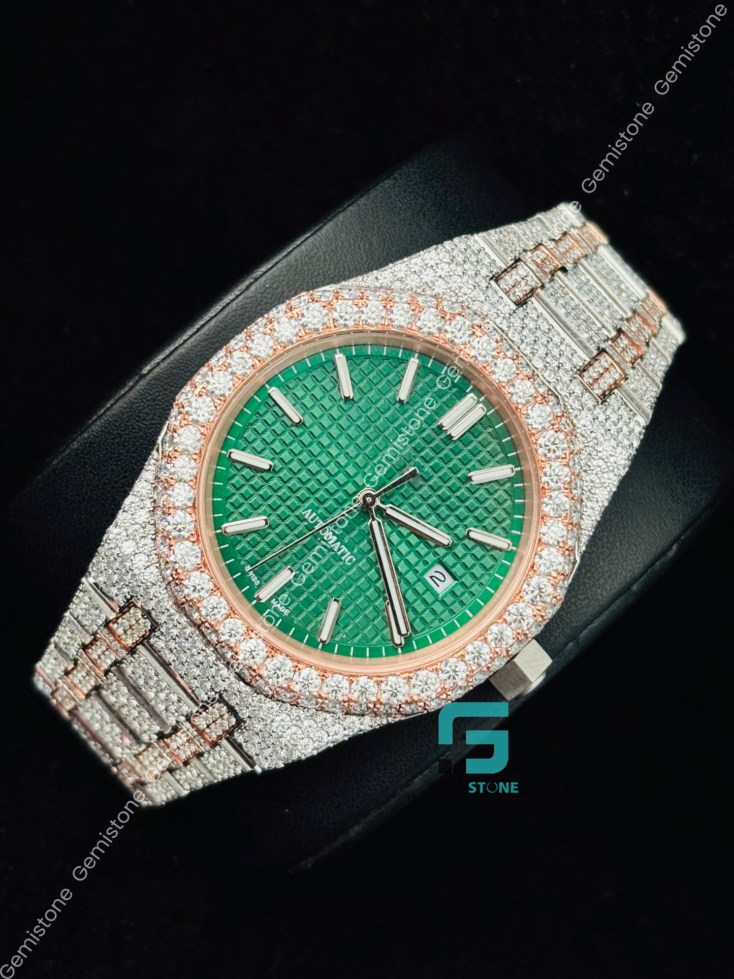 Green Dial Moissanite Rose Gold Plated Watch