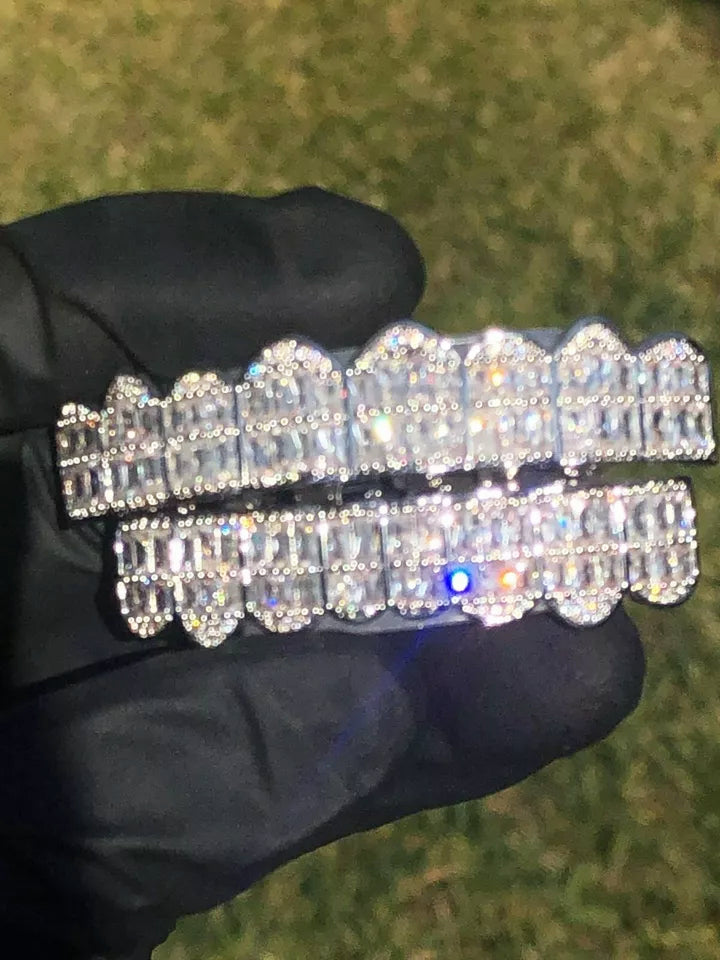 Custom 925 Silver 8 On 8 Moissanite Baguette Diamond Grillz