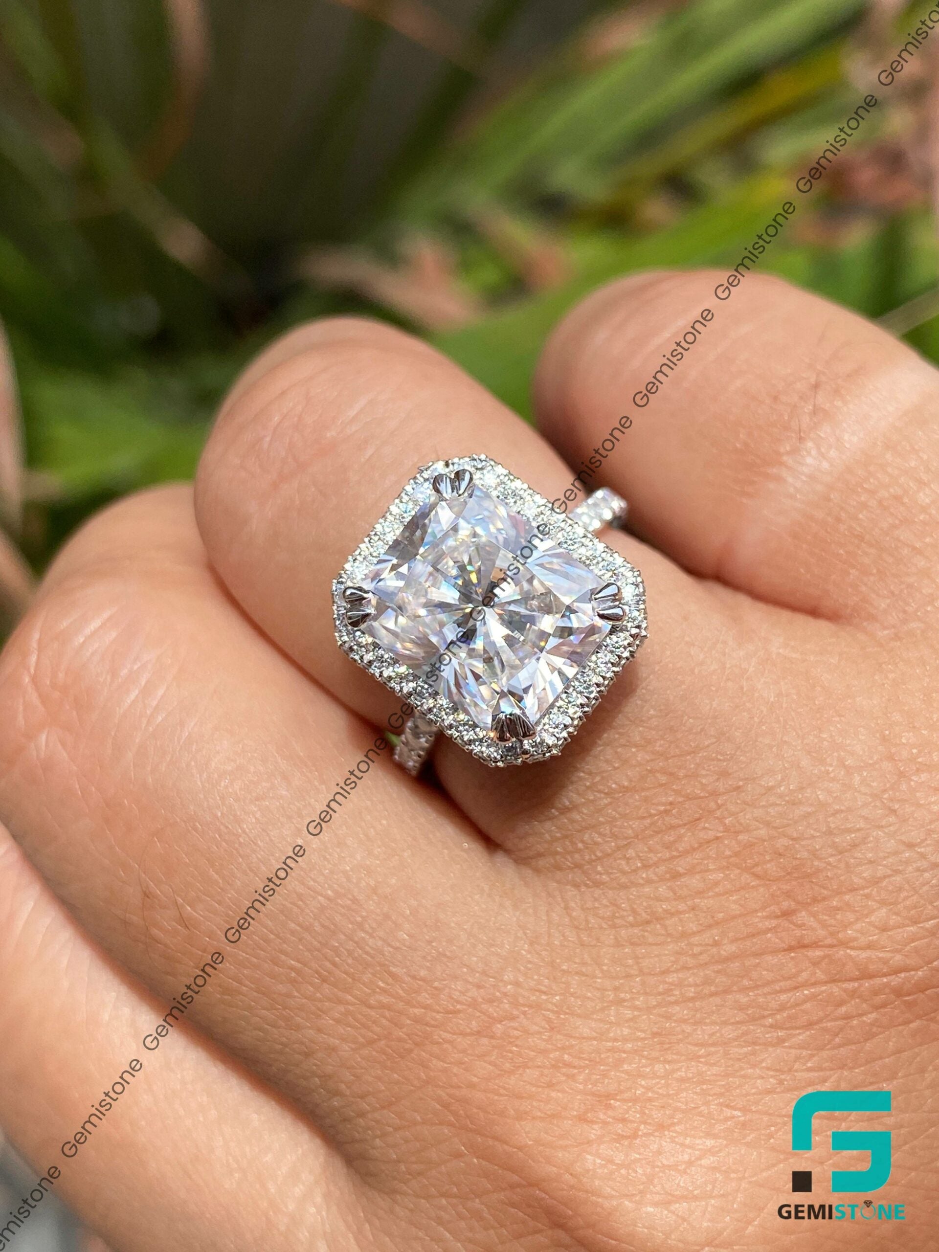 Unique Pave Setting Moissanite CT Halo Radiant Engagement Ring