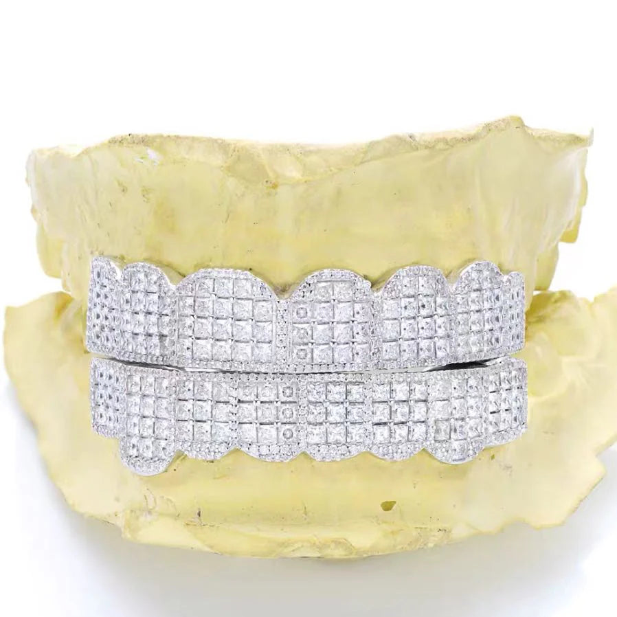 925 Silver Invisible Set Fully Iced Princess Diamond Cut Grillz