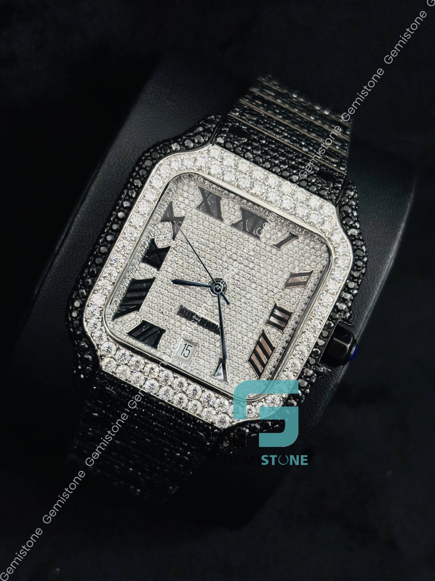 Iced Out Black_ White Diamond Moissanite Cartier Watch
