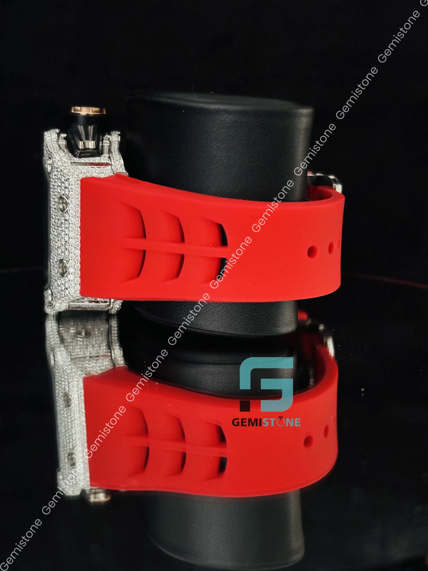 Iced Out Red Rubber Belt Rappers Moissanite Watch For Men
