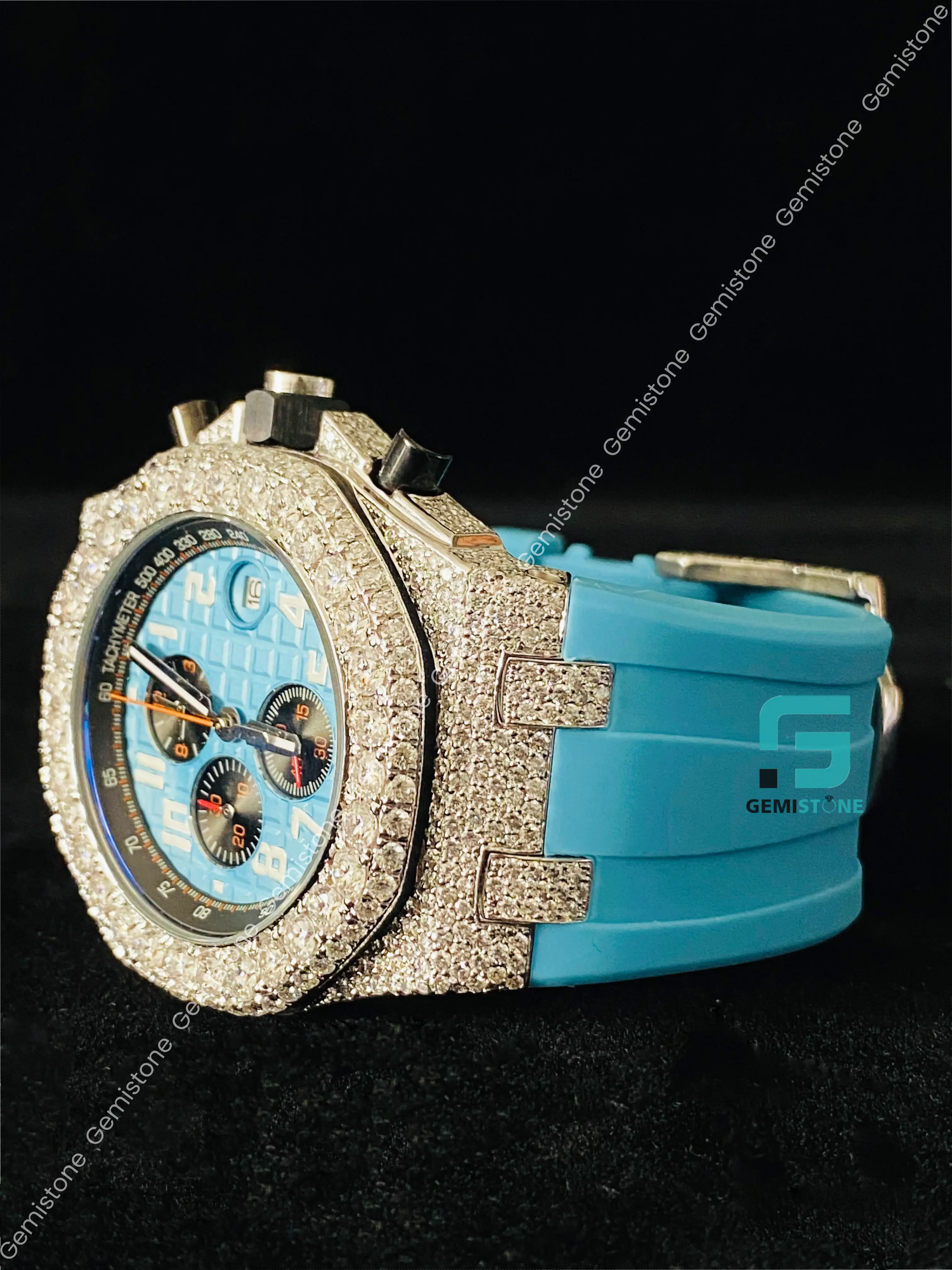 Iced Out Sky Blue Moissanite Watch