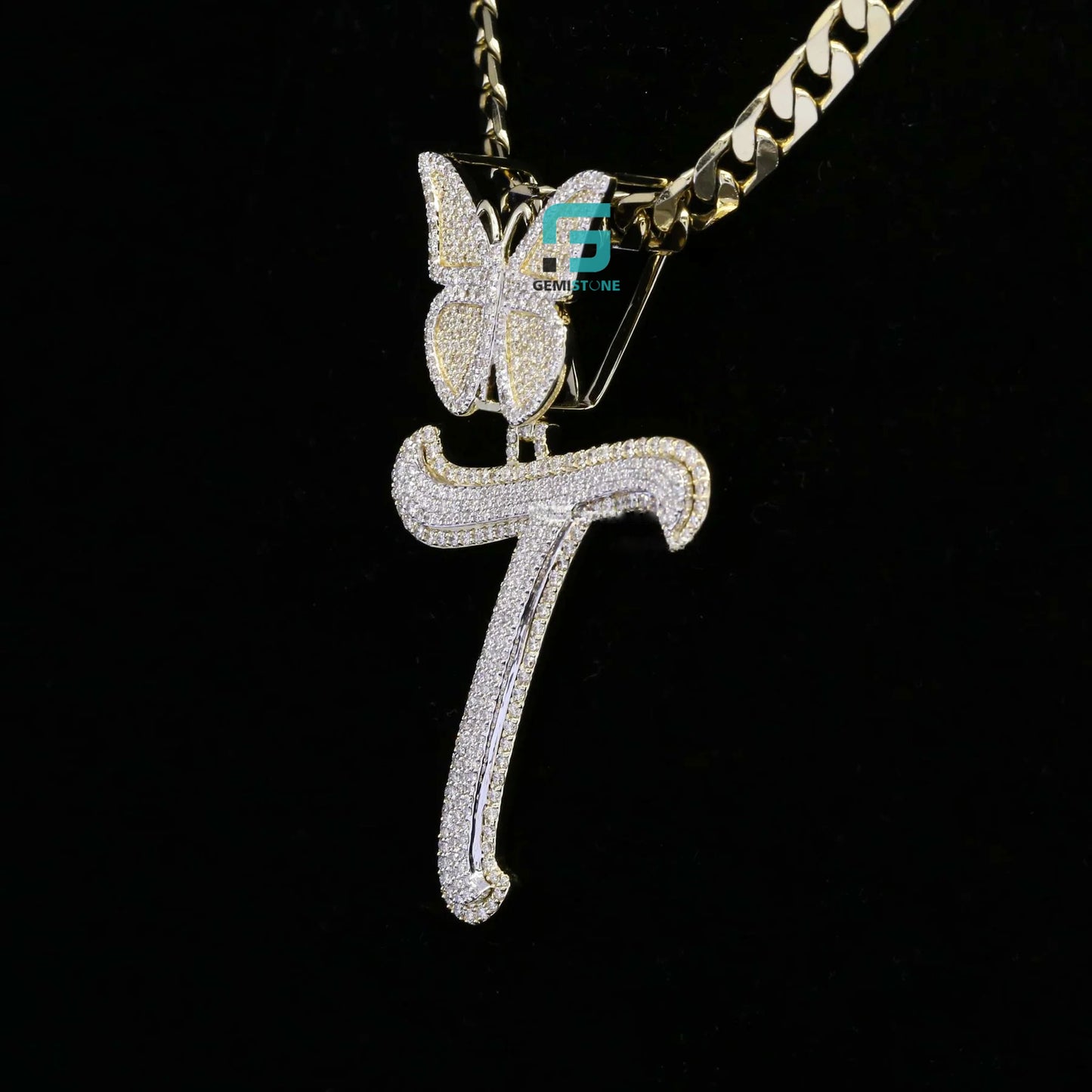 925 Silver Custom Moissanite Iced Butterfly With Diamond T Pendant