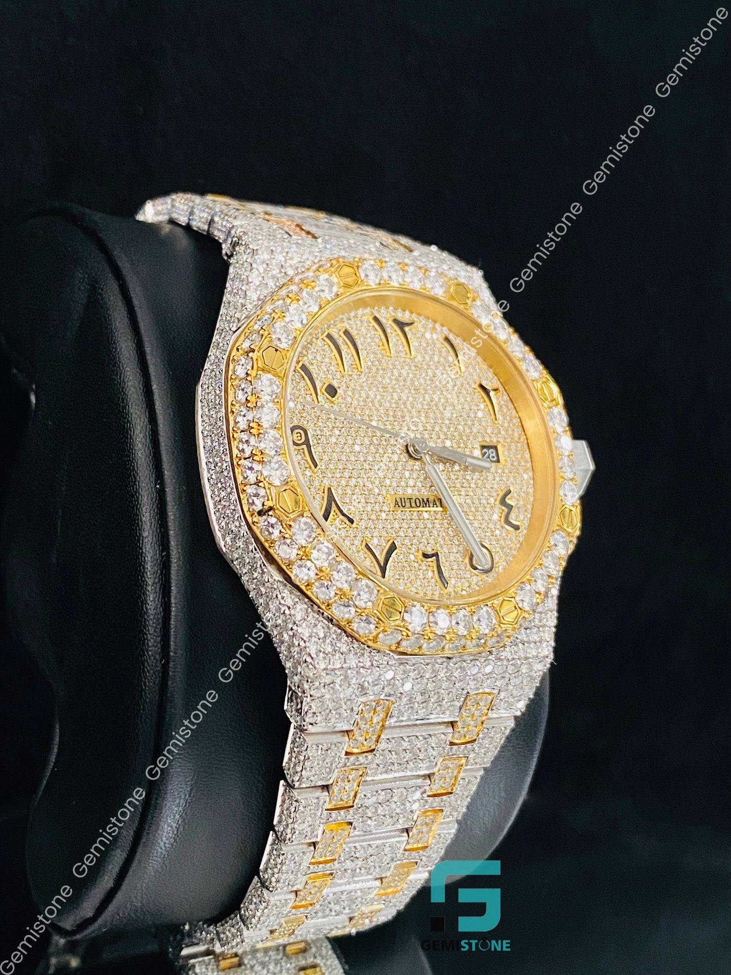 Two Tone Arabic Number Fully Studded Moissanite Watch
