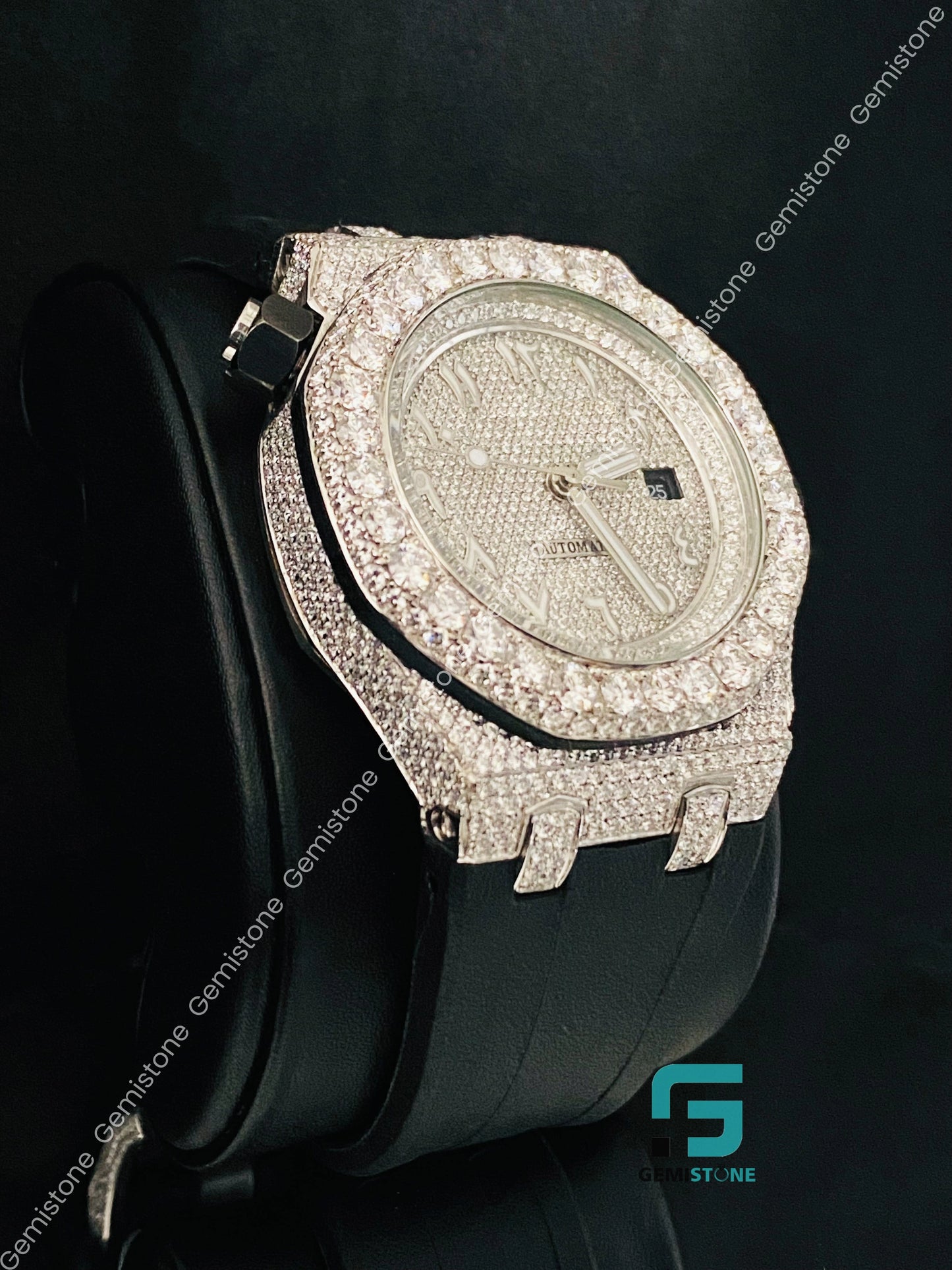 Luxury Big Bezel Black Belt Moissanite Watch