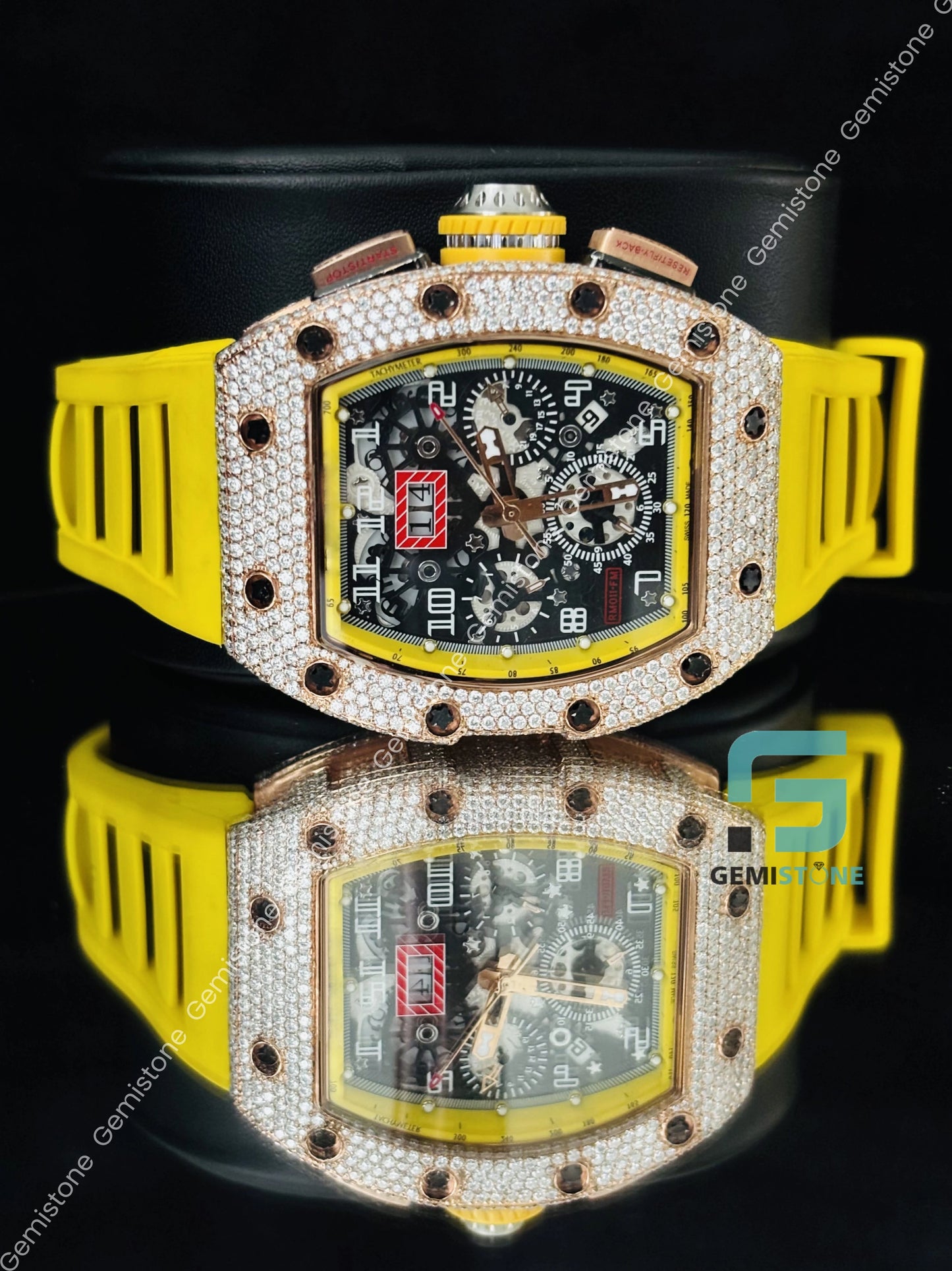 Men_s Moissanite Iced Out Yellow Rubber Belt Moissanite Watch