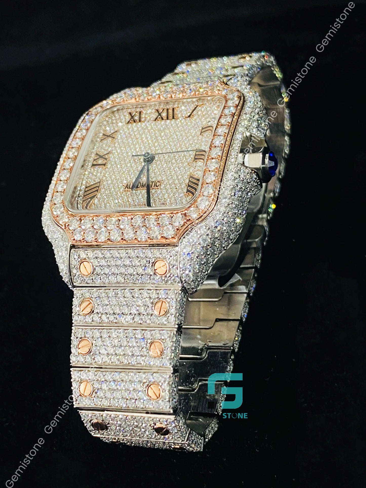 Classic Fully Iced Out Two Tone Roman Dial Moissanite Watch For Men