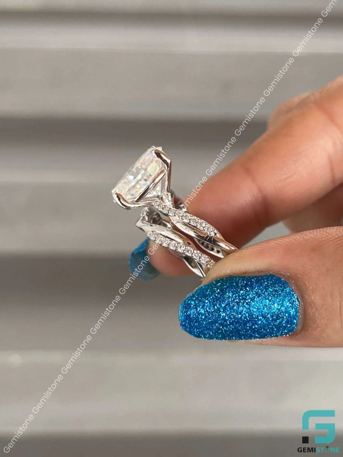 3 CT Oval Cut Moissanite Wedding Bridal Set WIth Stack Band For Her