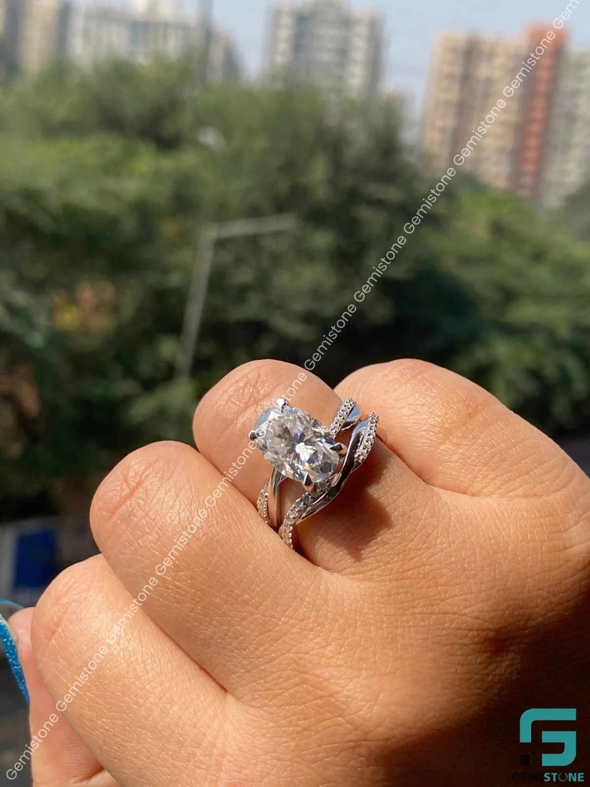 3 CT Oval Cut Moissanite Wedding Bridal Set WIth Stack Band For Her