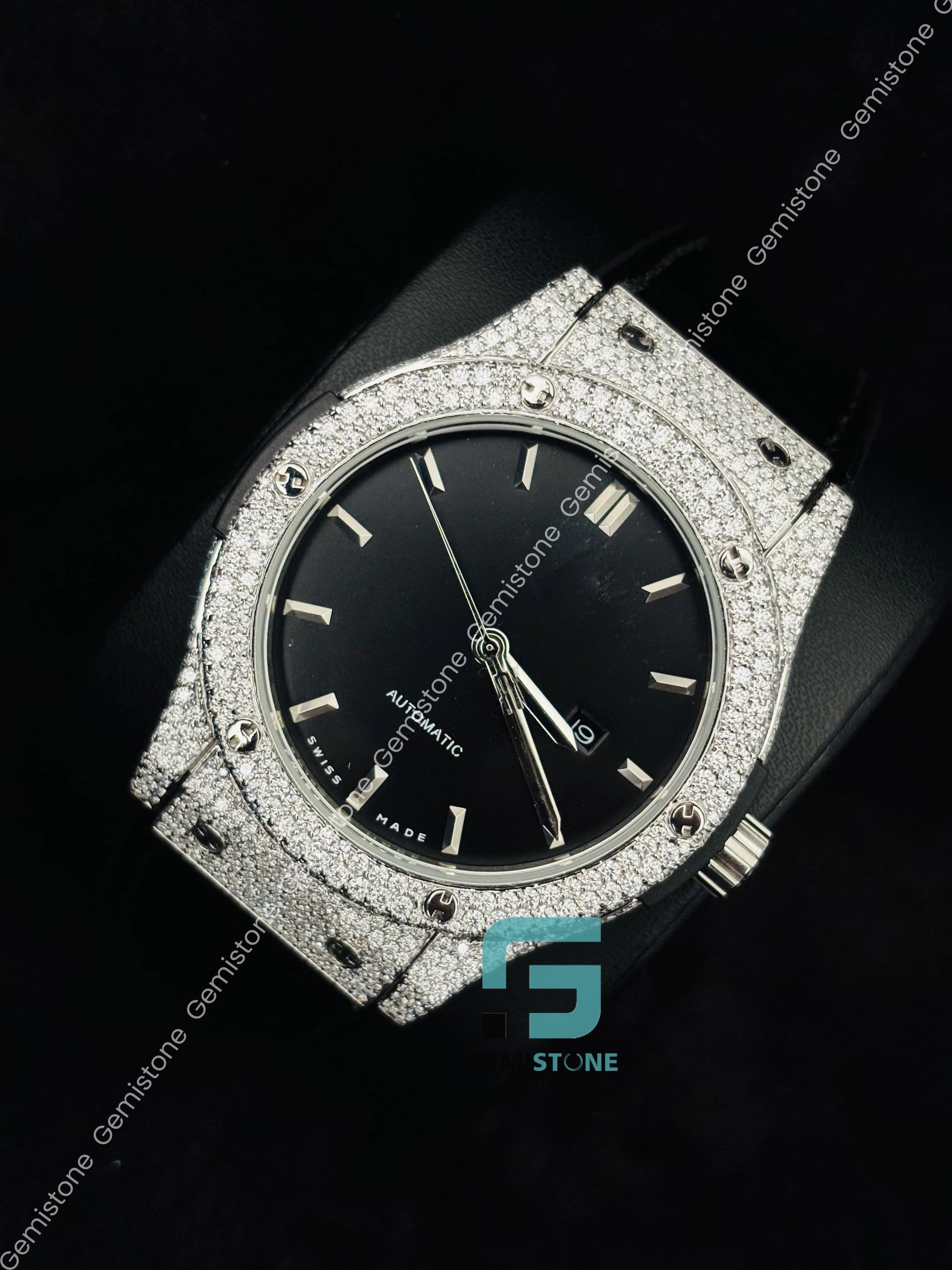 Moissanite Black dial White Bar watch For Him