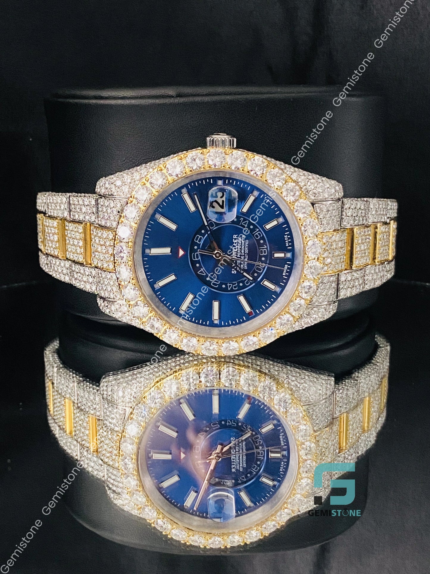 Moissanite Bling Yellow Gold Plated Hip Hop Stainless Steel Watch for Men's