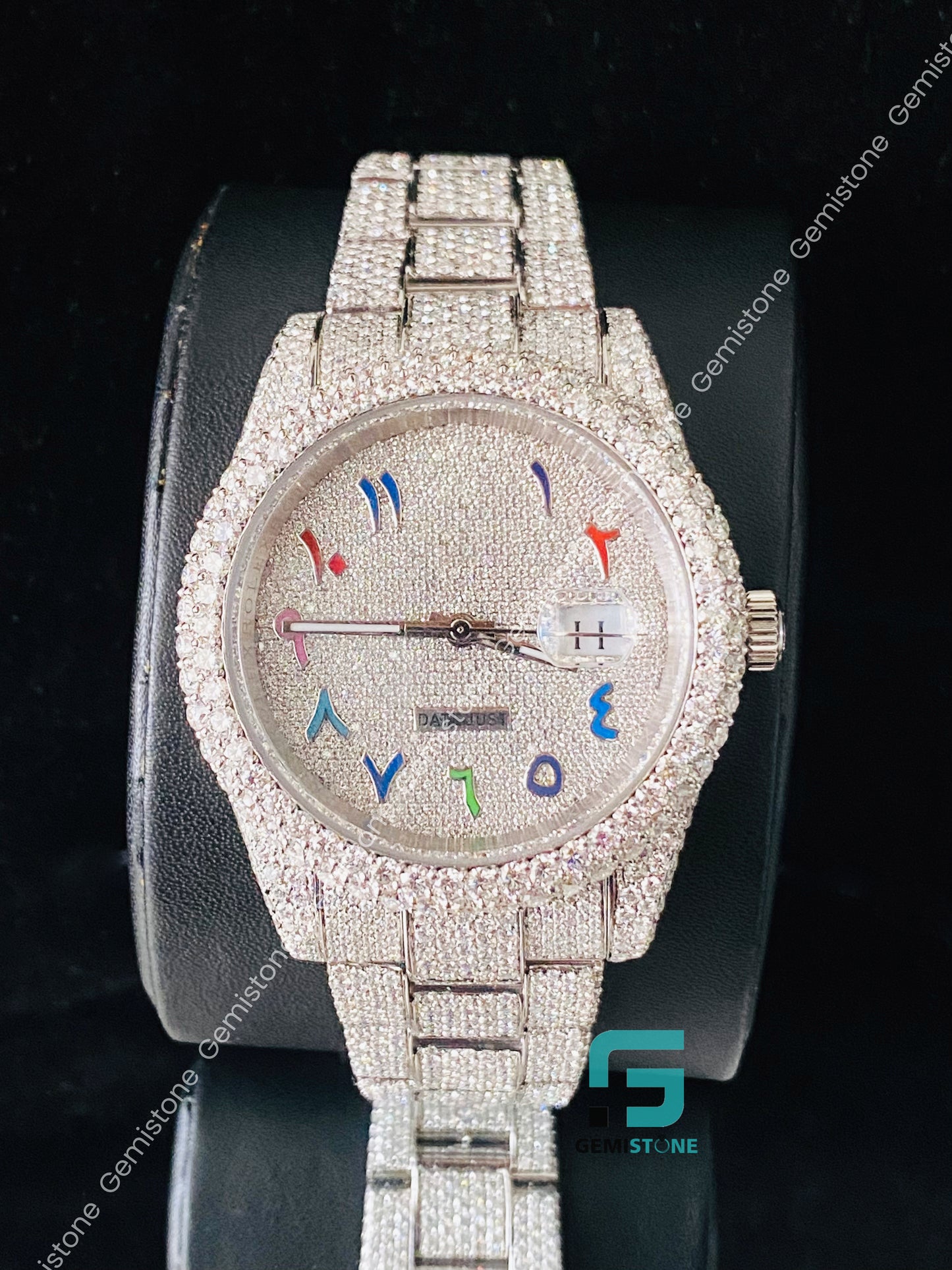 Moissanite Colorful Arabic Number Fully Studded Watch