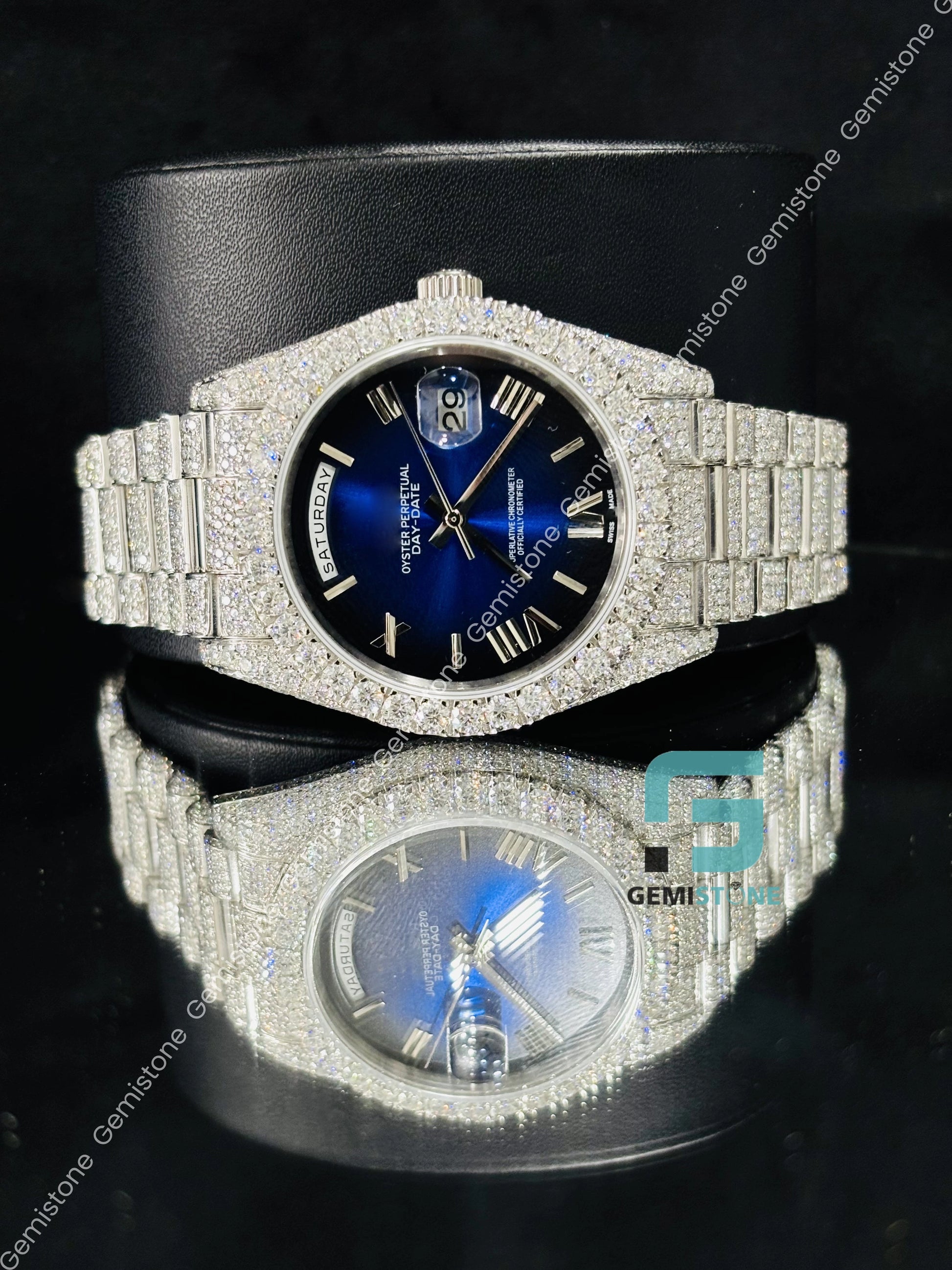 Moissanite Day Date Royal Blue Dial Watch for Men