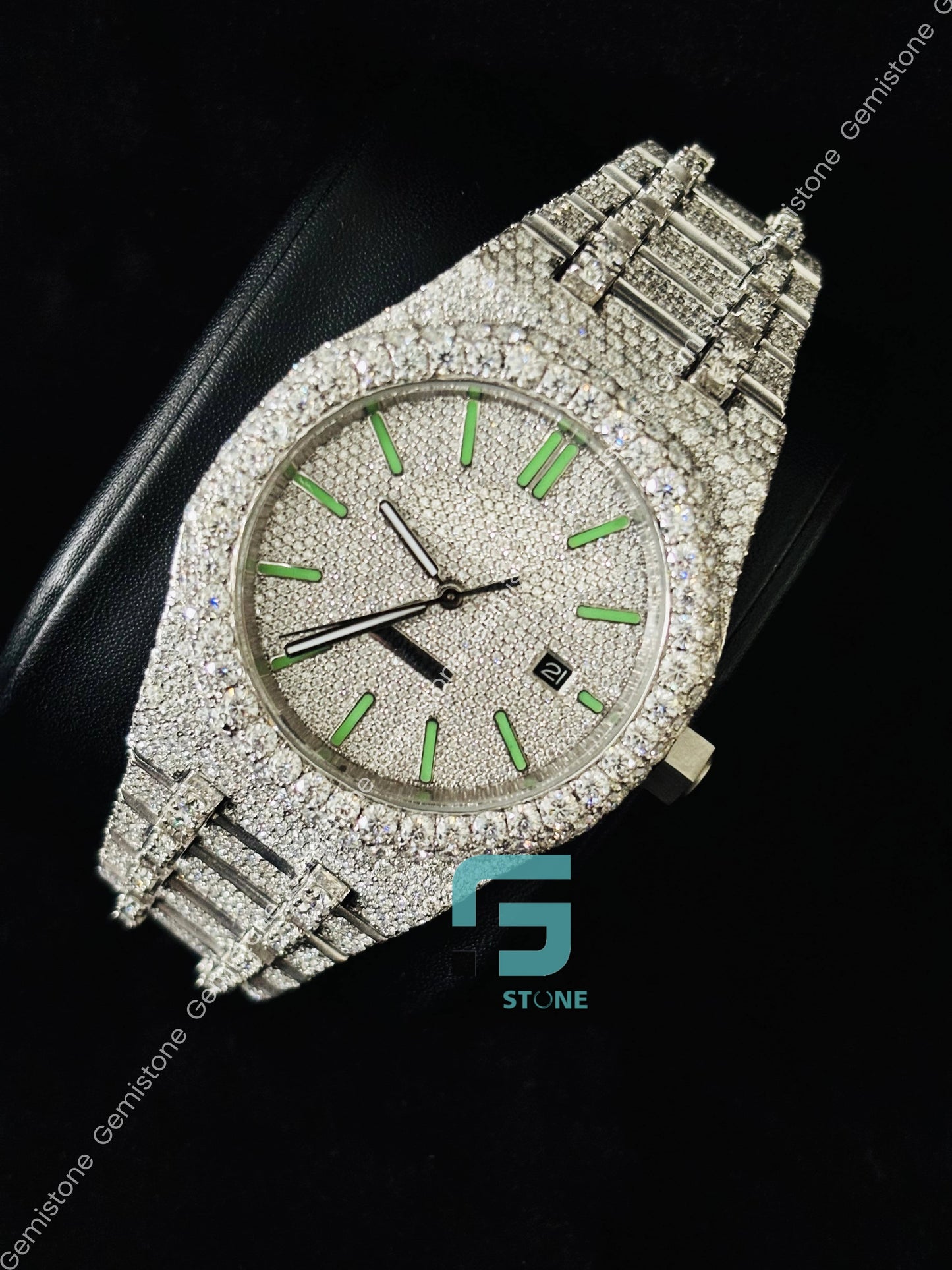 Moissanite Iced Out Green Baguette Bar Moissanite Watch