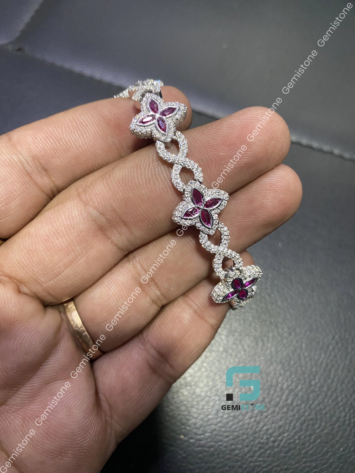 Moissanite Pink Clover Hip Hop Moissanite Bracelet