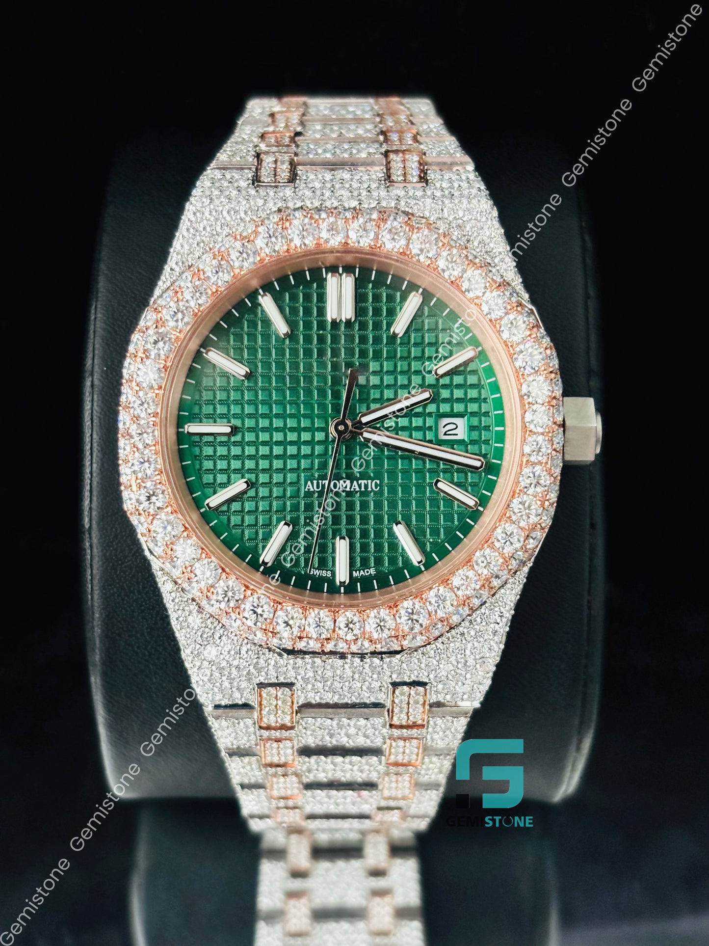 Moissanite Tapisserie Pattern Green Dial Watch