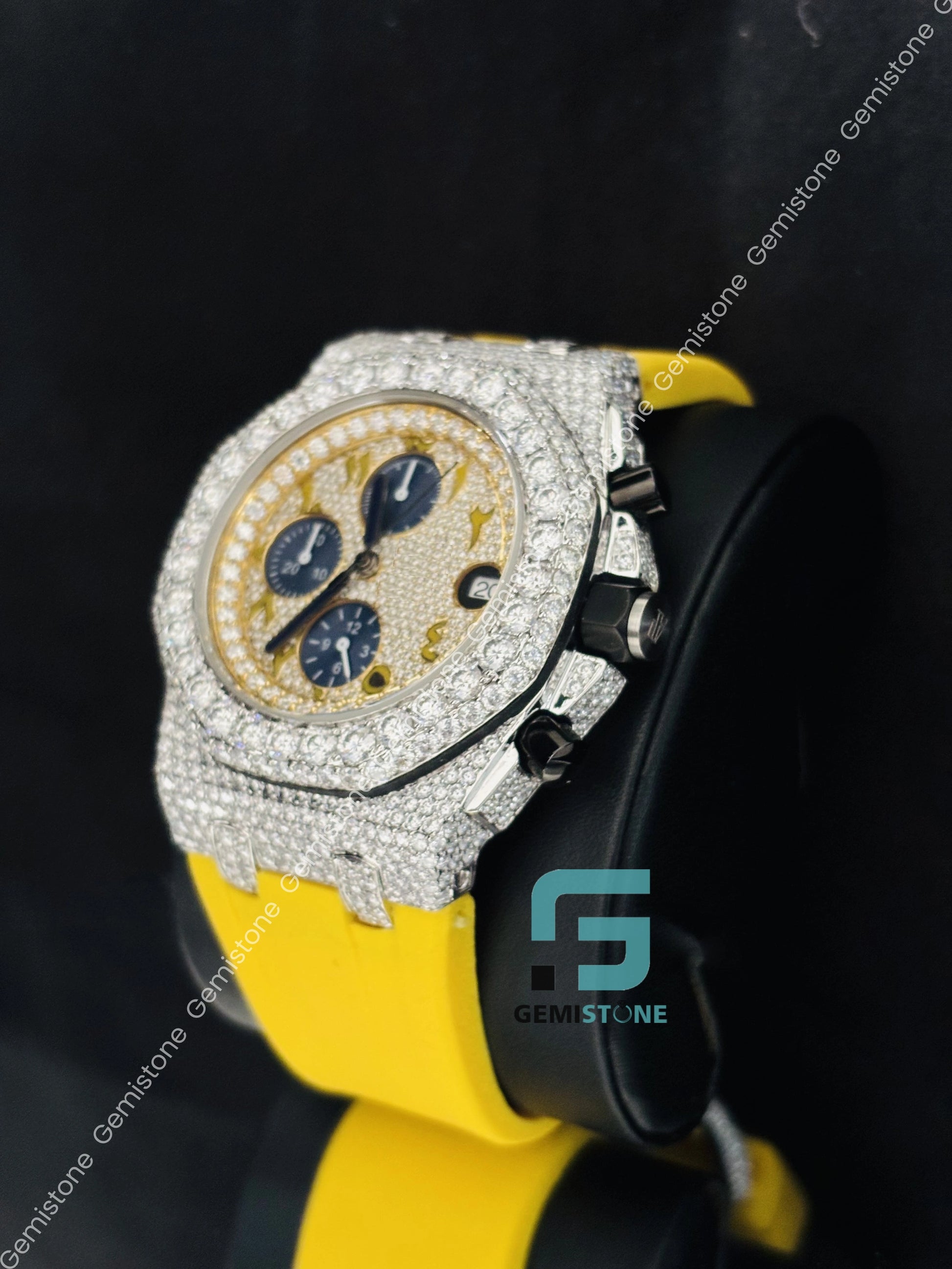 Moissanite Yellow Arabic Number Watch for Men