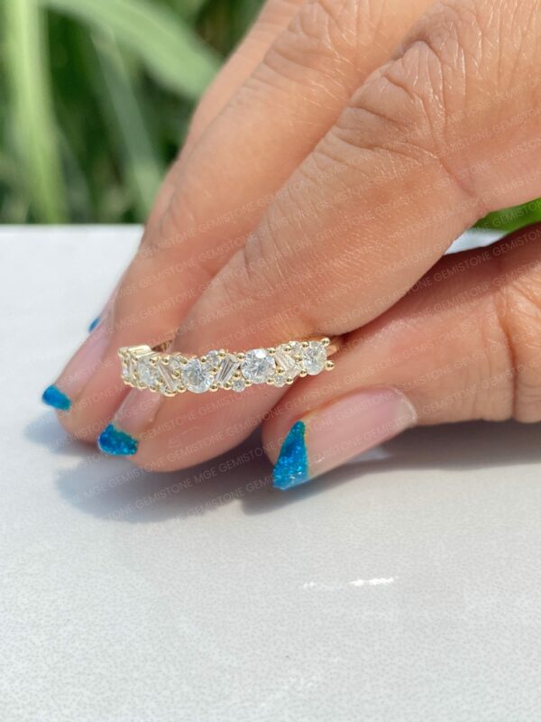 Round and Tapered Baguette Cut Moissanite Mosaic Diamond Wedding Band For Women | Half Eternity Matching Band