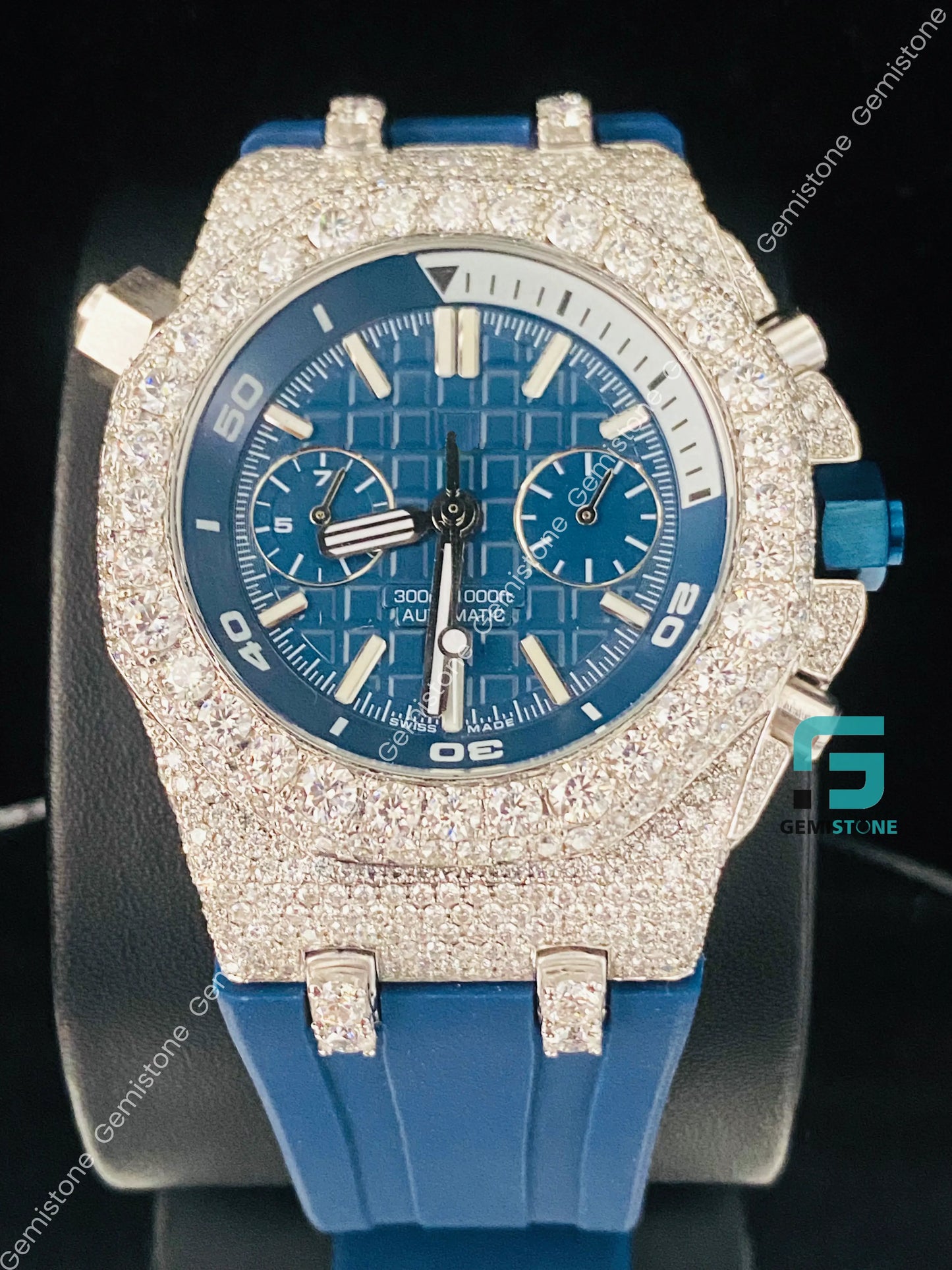 Multi_Chronograph_Fully_Face_Dial_Blue_Silicon_Strap_Moissanite_Watch