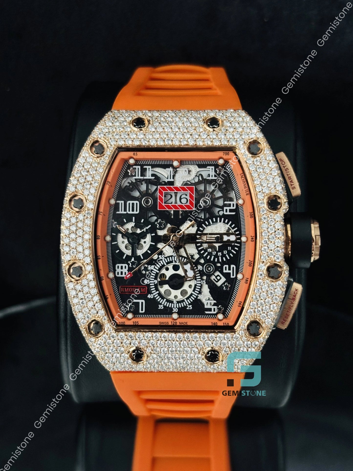 Orange Silicon Belt Moissanite Bust Down Watch