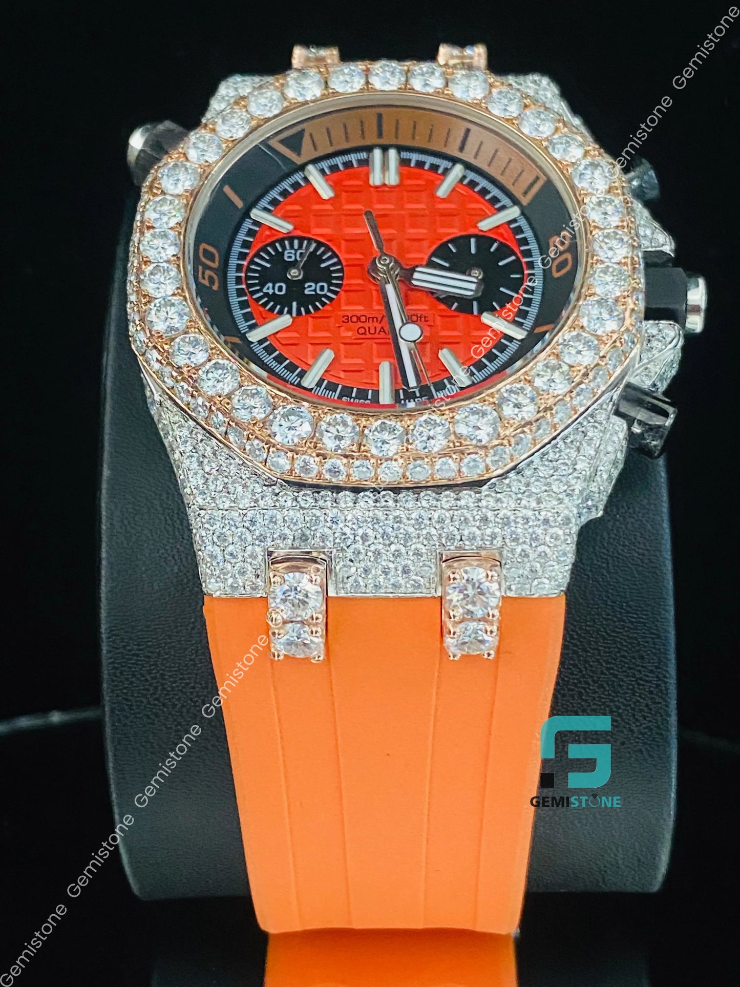 Orange_Silicon_Rubber_Strap_Two_Tone_Bezel_Dial_Moissanite_Iced_Watch