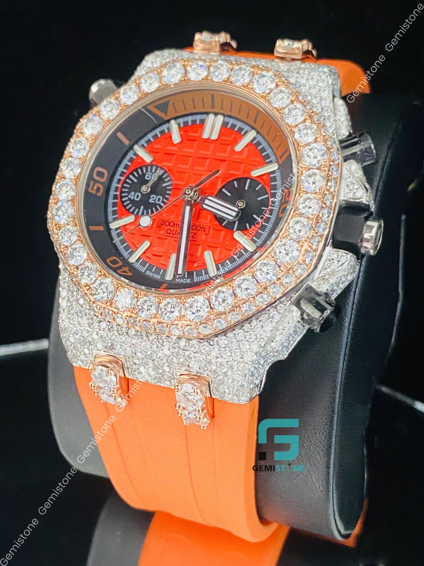 Elegant Mens Orange Color Silicon Rubber Strap Fully Bust Down Moissanite Watch
