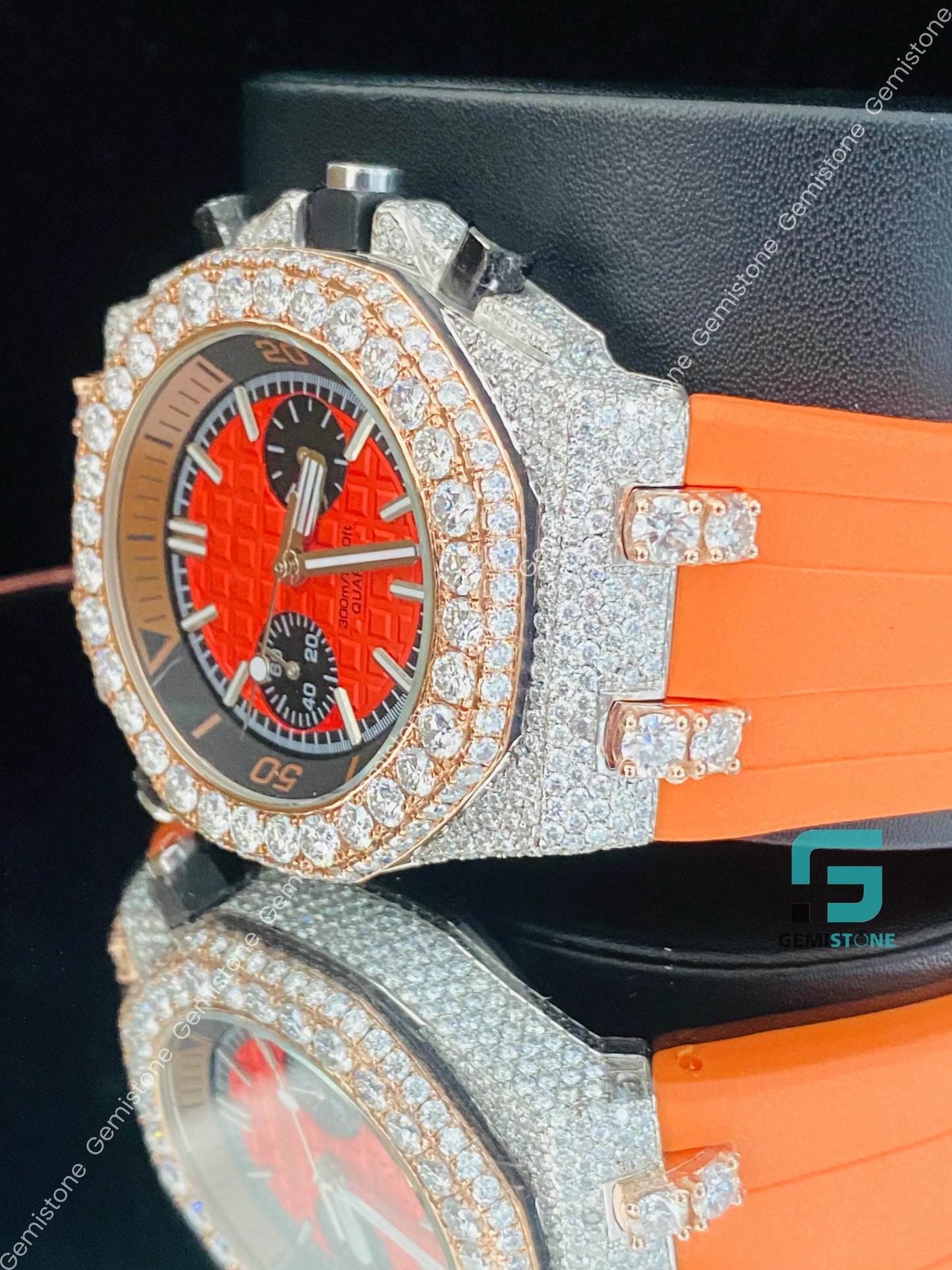 Elegant Mens Orange Color Silicon Rubber Strap Fully Bust Down Moissanite Watch