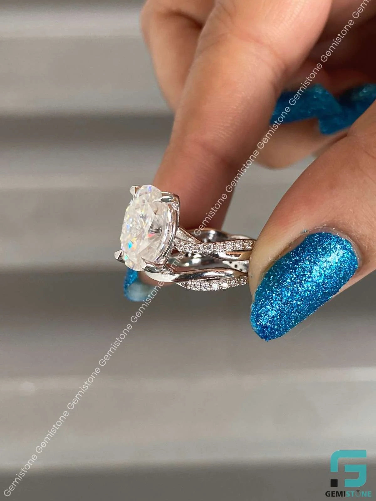 3 CT Oval Cut Moissanite Wedding Bridal Set WIth Stack Band For Her