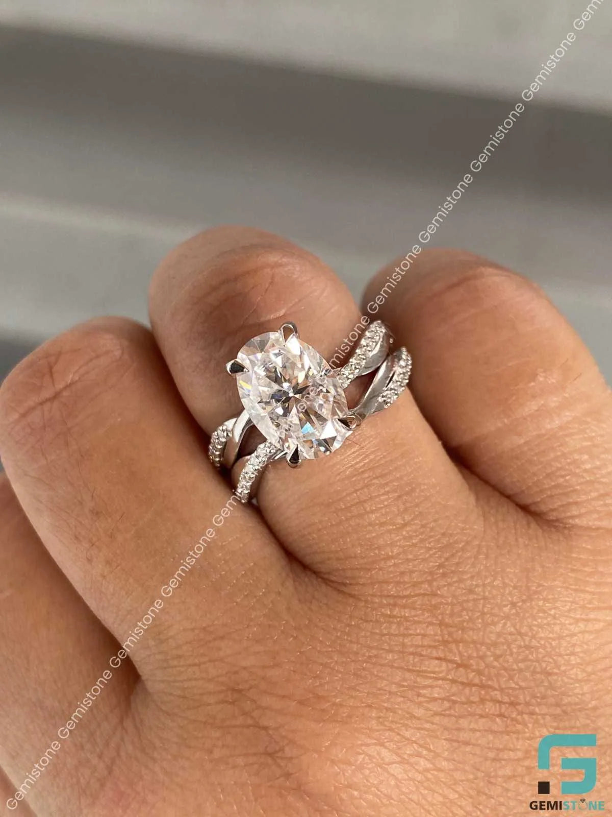 3 CT Oval Cut Moissanite Wedding Bridal Set WIth Stack Band For Her