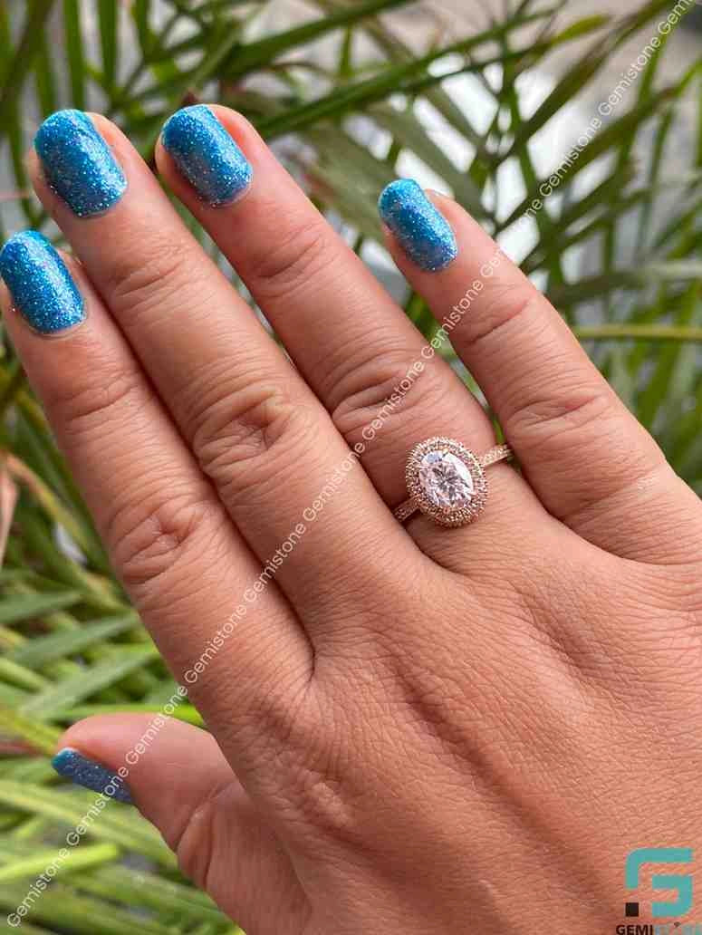 CT Oval Cut Halo Pave Band Moissanite Engagement Ring