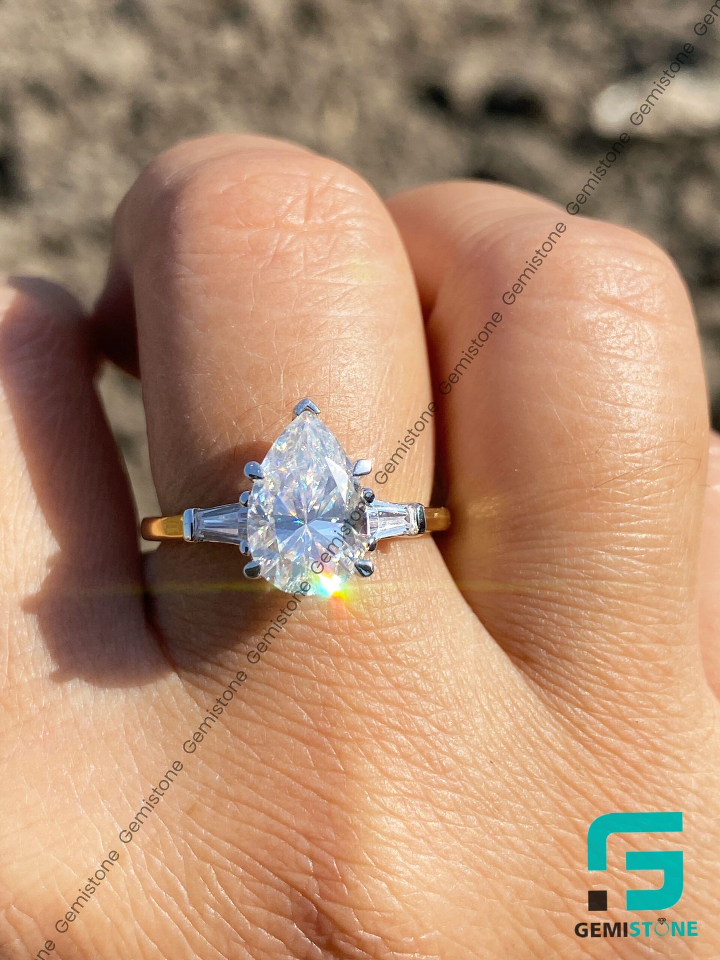 3 CT Pear Shape & T. Baguette Moissanite Engagement Ring