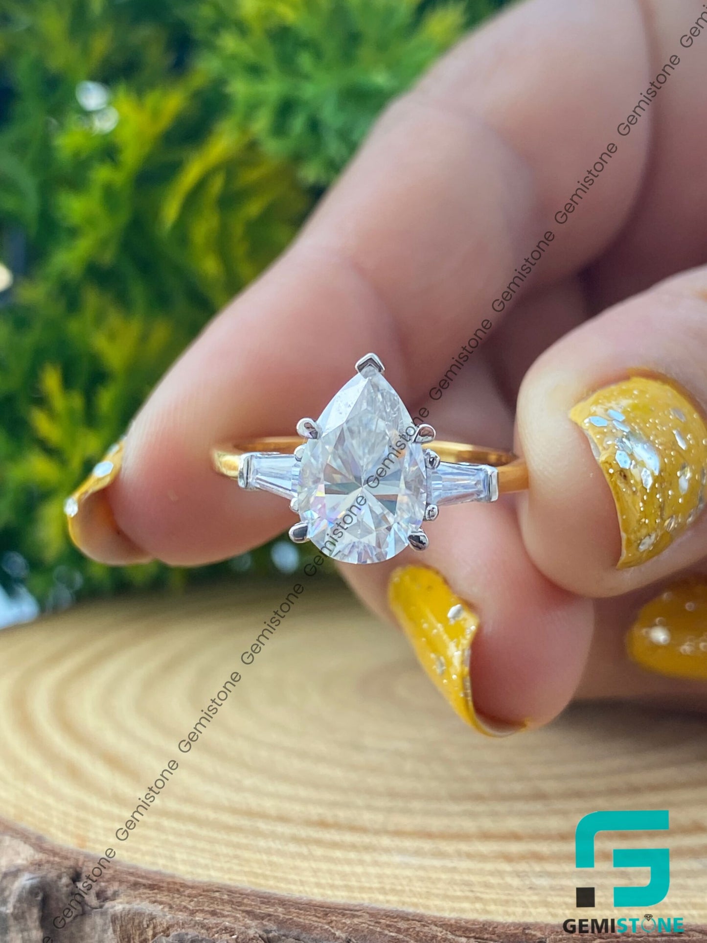 3 CT Pear Shape & T. Baguette Moissanite Engagement Ring
