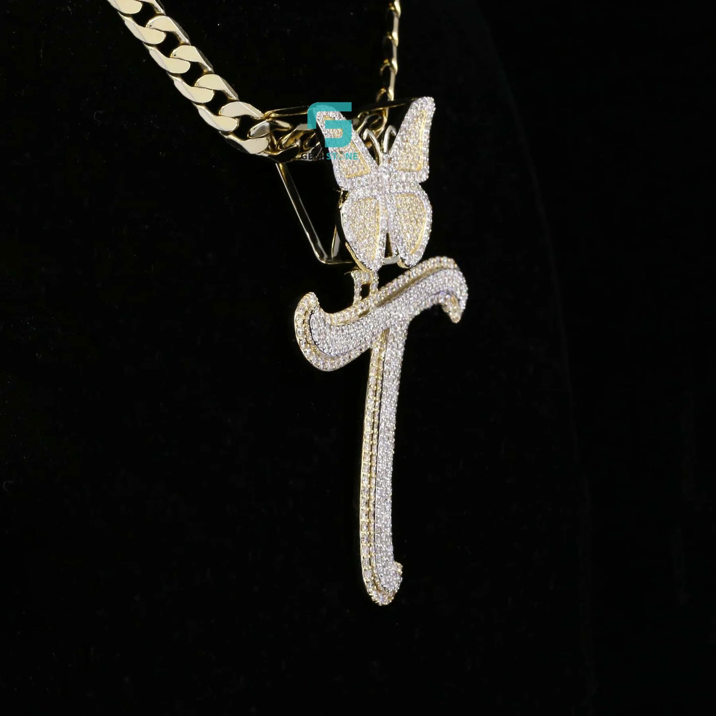 925 Silver Custom Moissanite Iced Butterfly With Diamond T Pendant