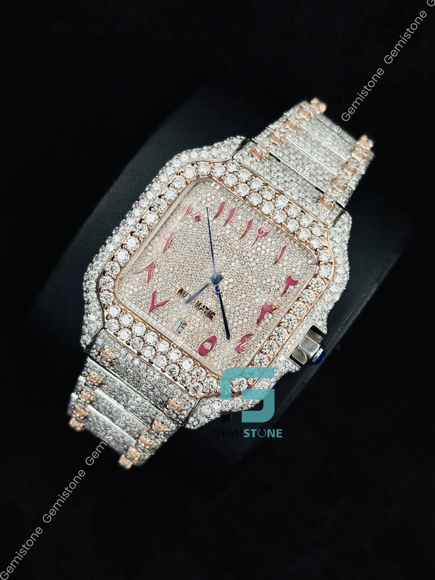 Pink Arabic Moissanite Fully Studded Watch for Men