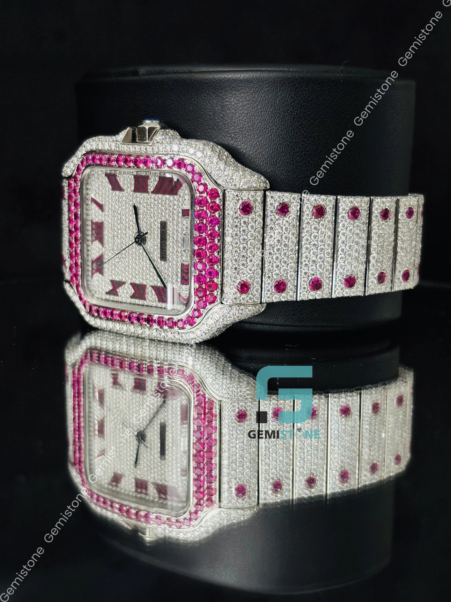 Pink Stone Moissanite Iced Out Hip Hop Watch