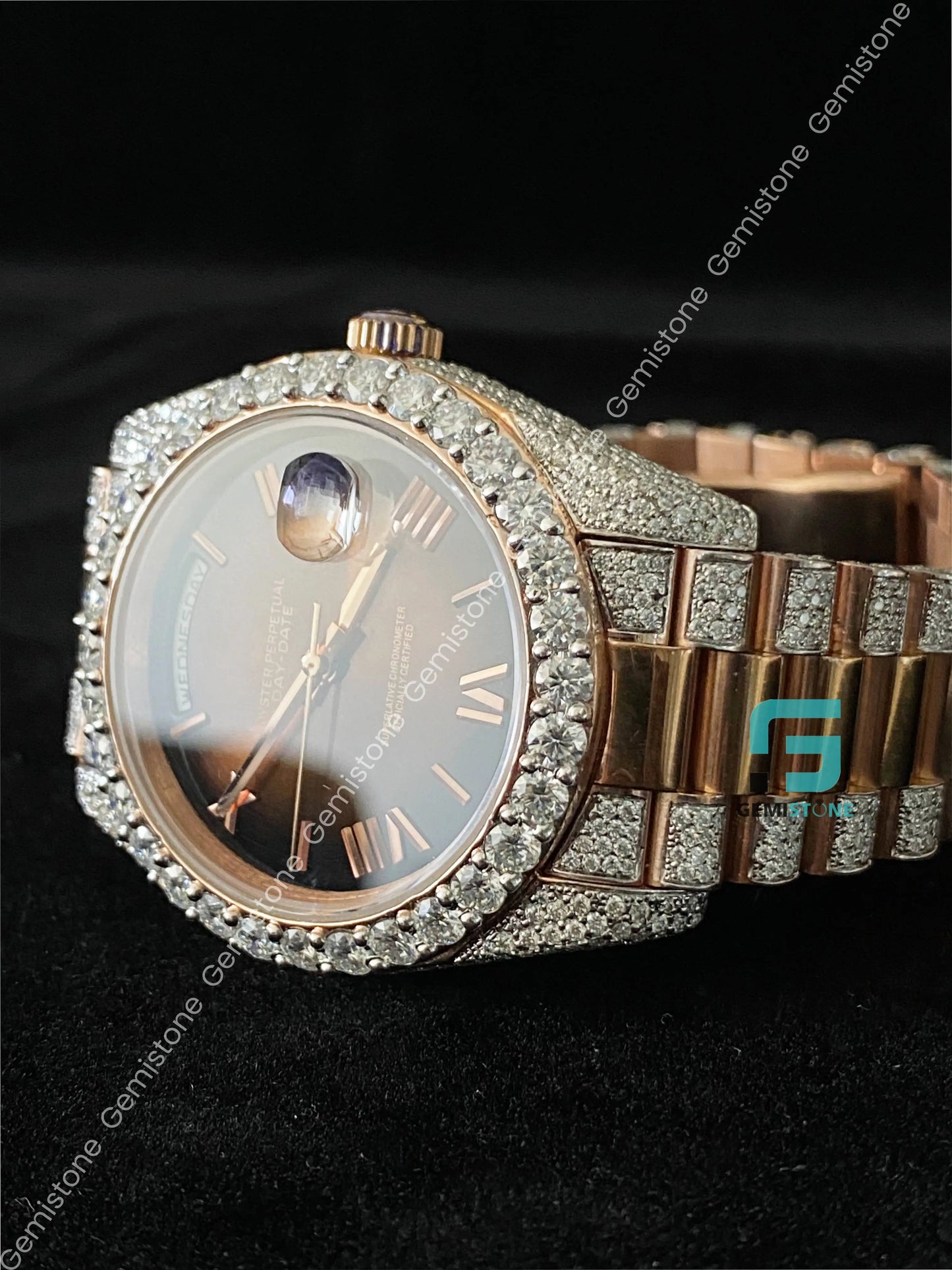 41MM Chocolate Dial Roman Numerals Bezel Dial Diamond Moissanite Watch