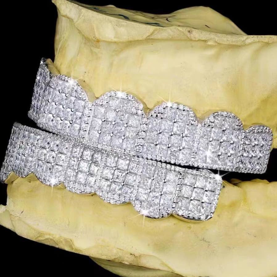 925 Silver Invisible Set Fully Iced Princess Diamond Cut Grillz