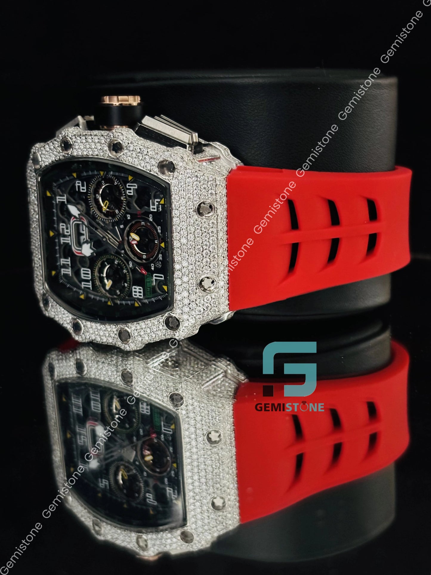 Red Rubber Belt Face Dial Wrist Moissanite Watch For Men
