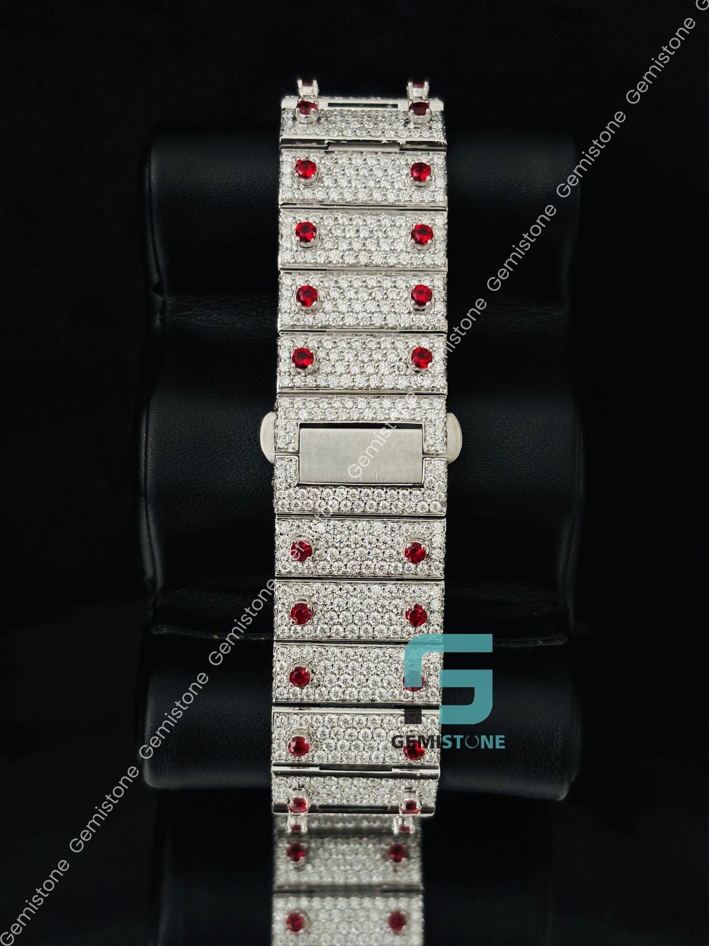 Red Stone Moissanite Iced Out Hip Hop Watch for Men_s