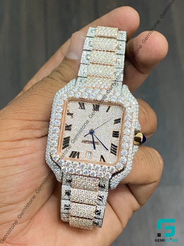 Two Tone Fully Iced Out Roman Dial Moissanite Watch For Men