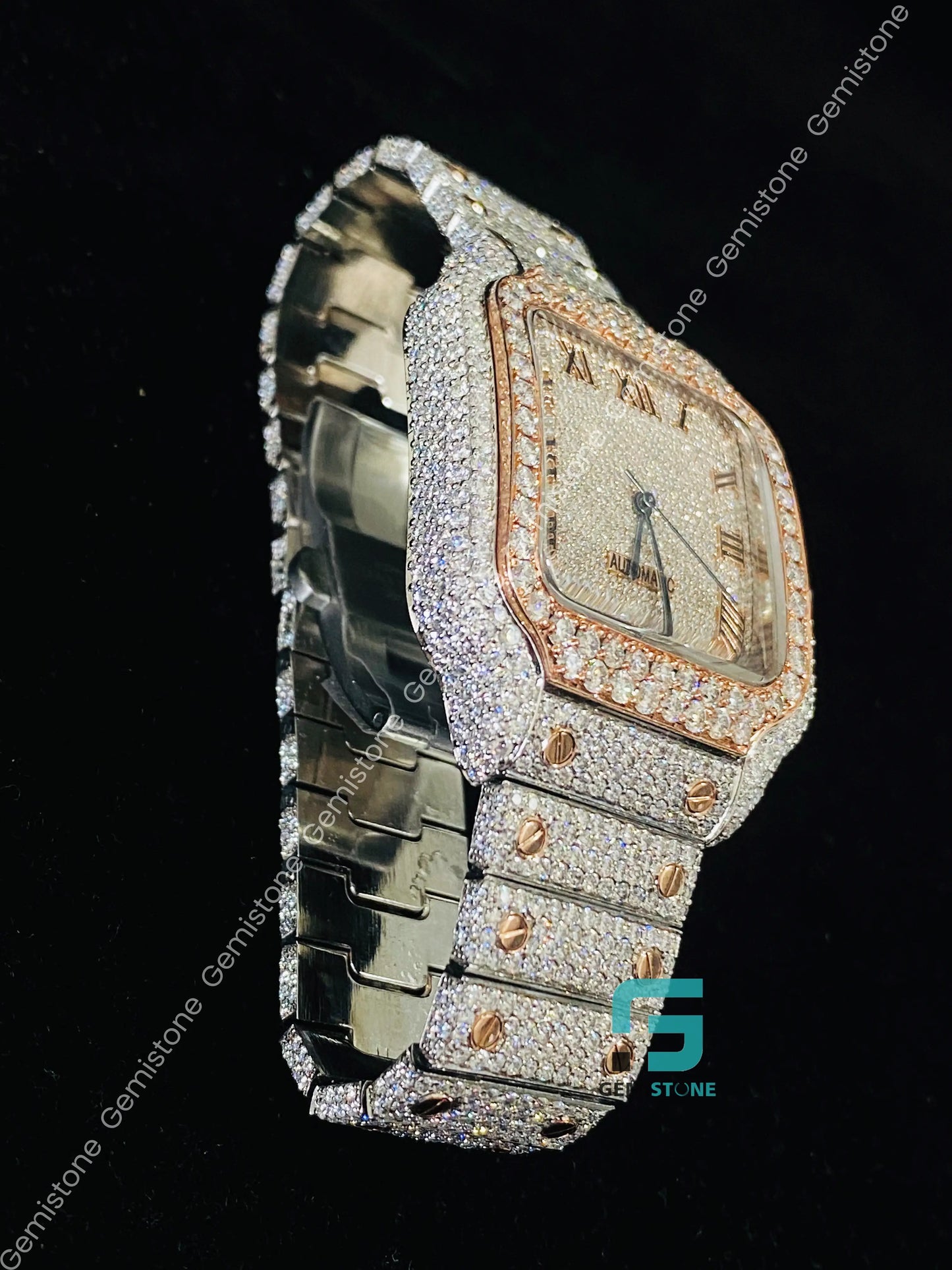 Classic Fully Iced Out Two Tone Roman Dial Moissanite Watch For Men