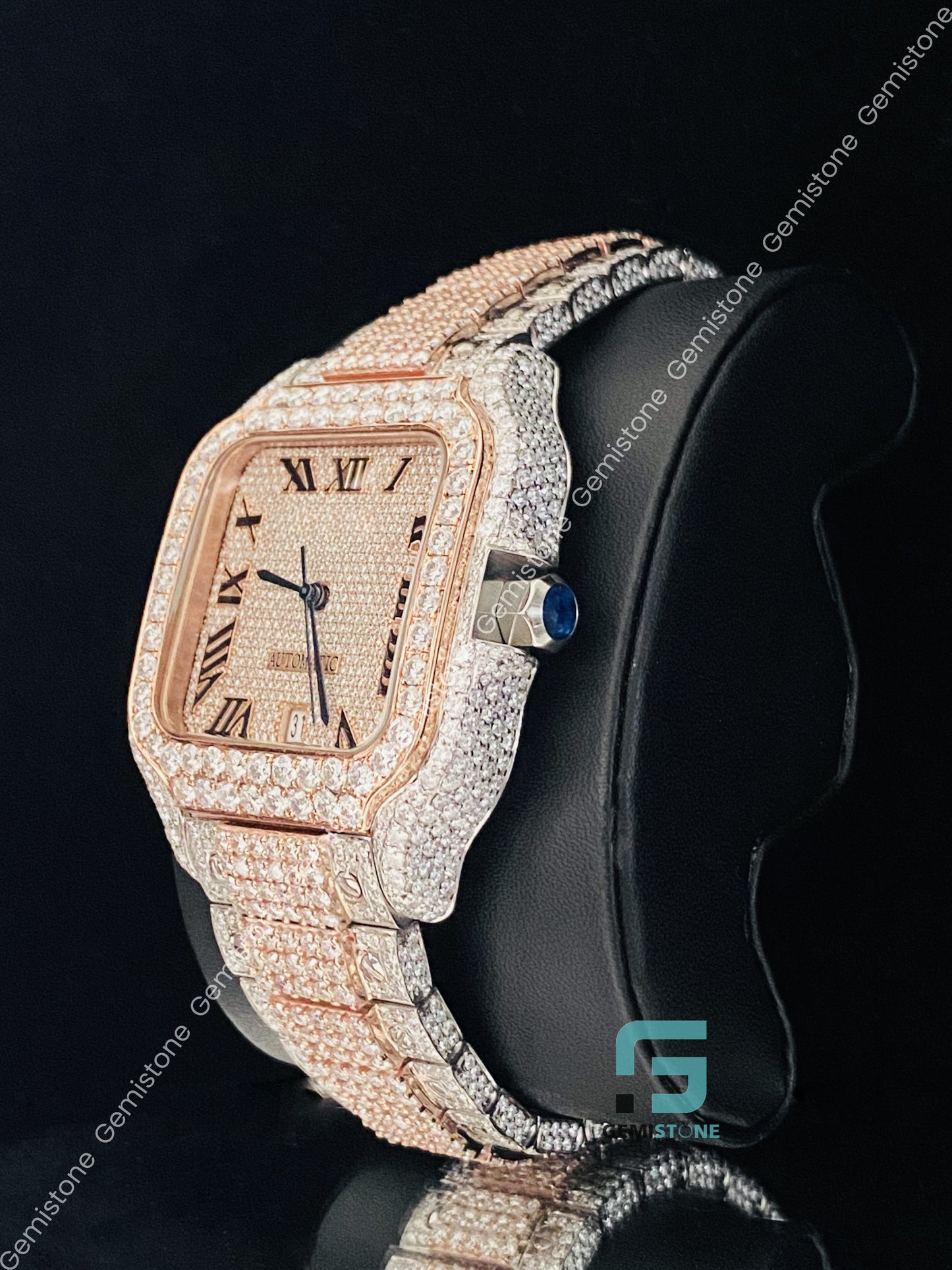 Mens Roman Number Two Tone VVS Moissanite Studded Diamond Watch