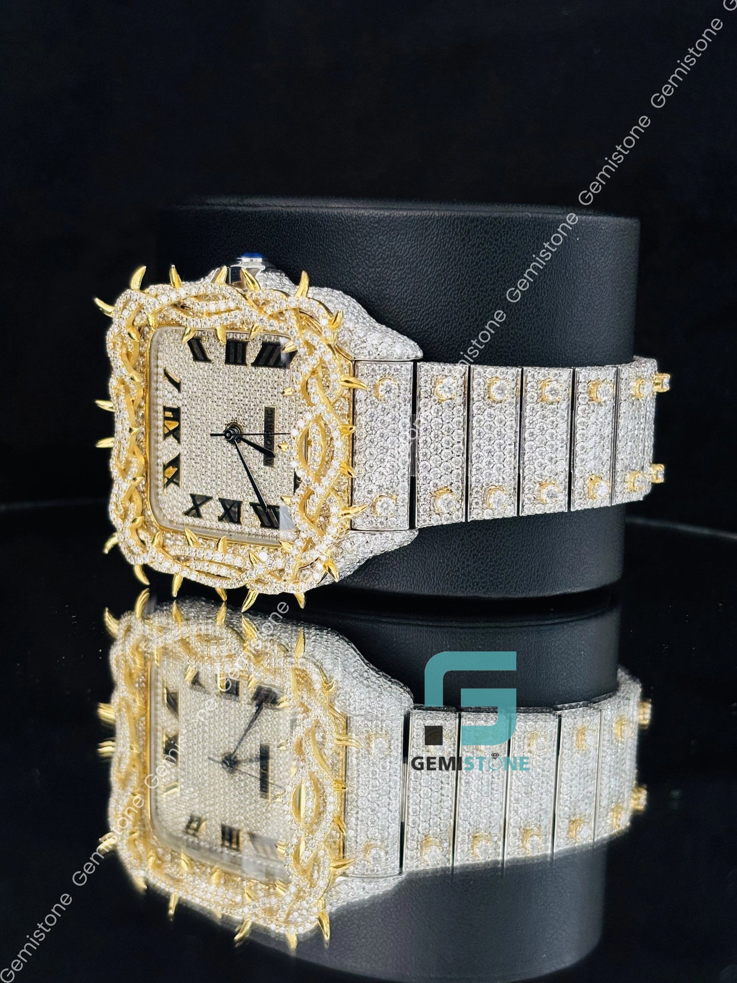 Roman Number Iced Out Thorn Design Moissanite Watch