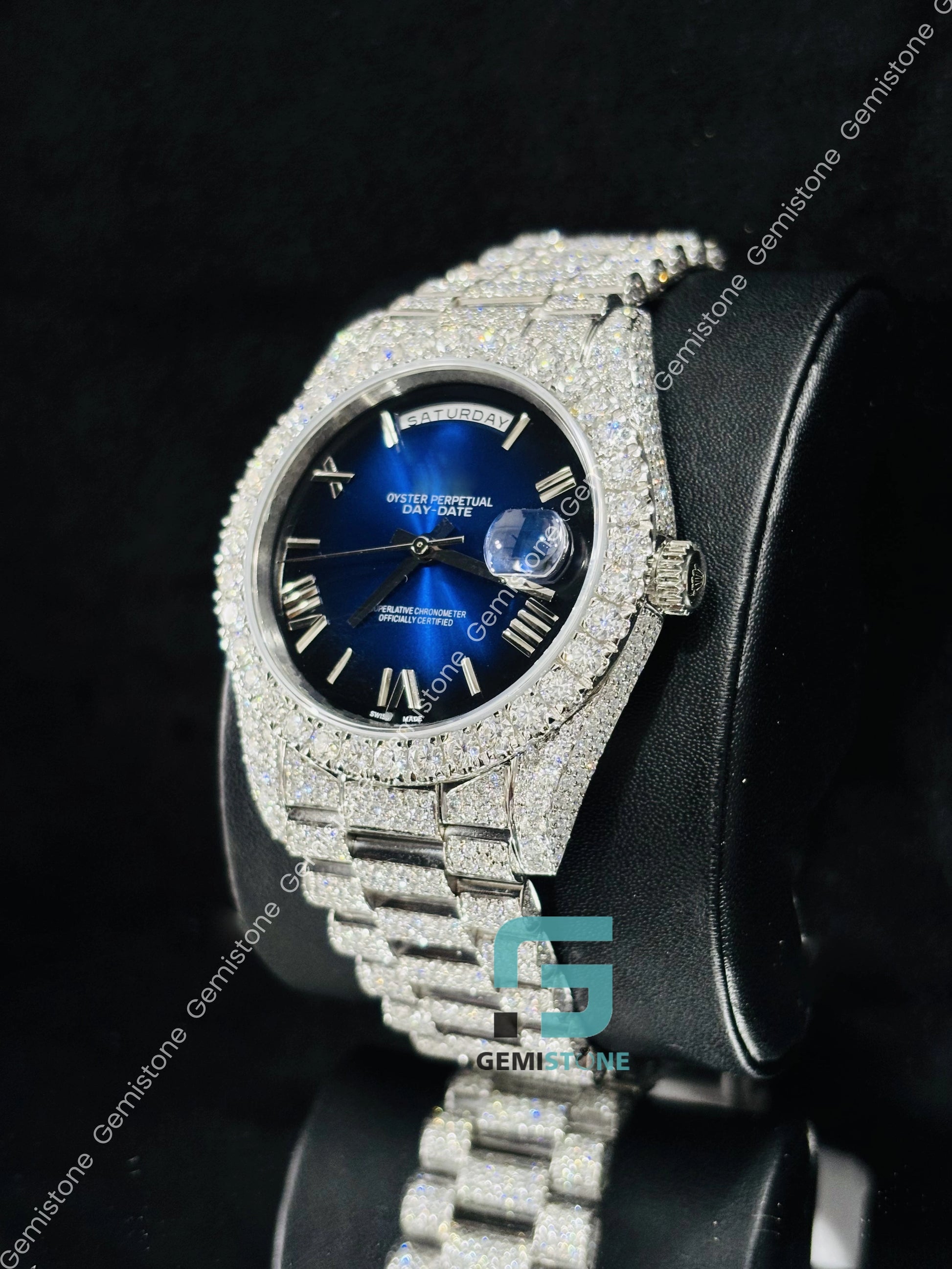 Roman Number Royal Blue Dial Moissanite Watch
