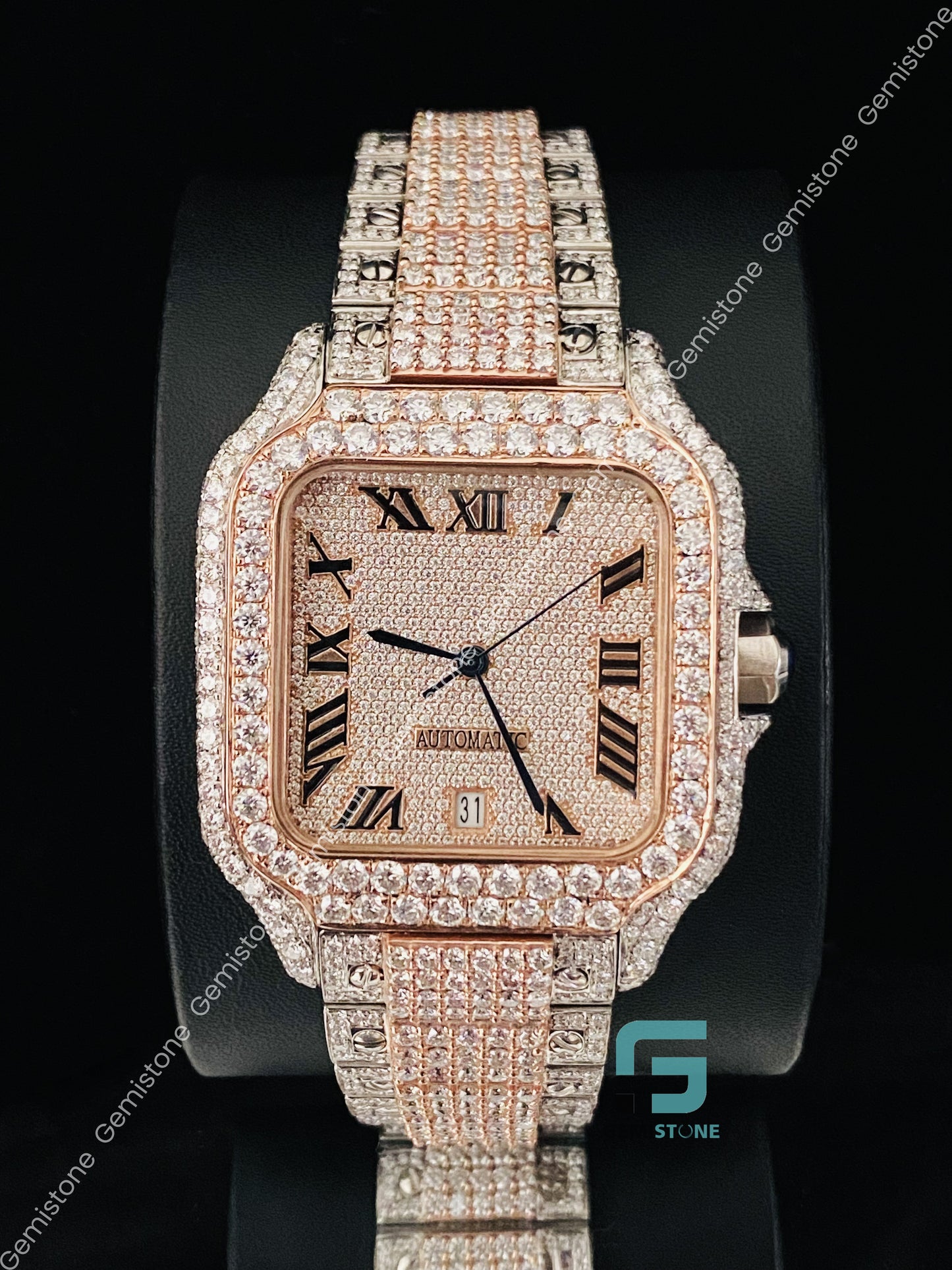 Mens Roman Number Two Tone VVS Moissanite Studded Diamond Watch